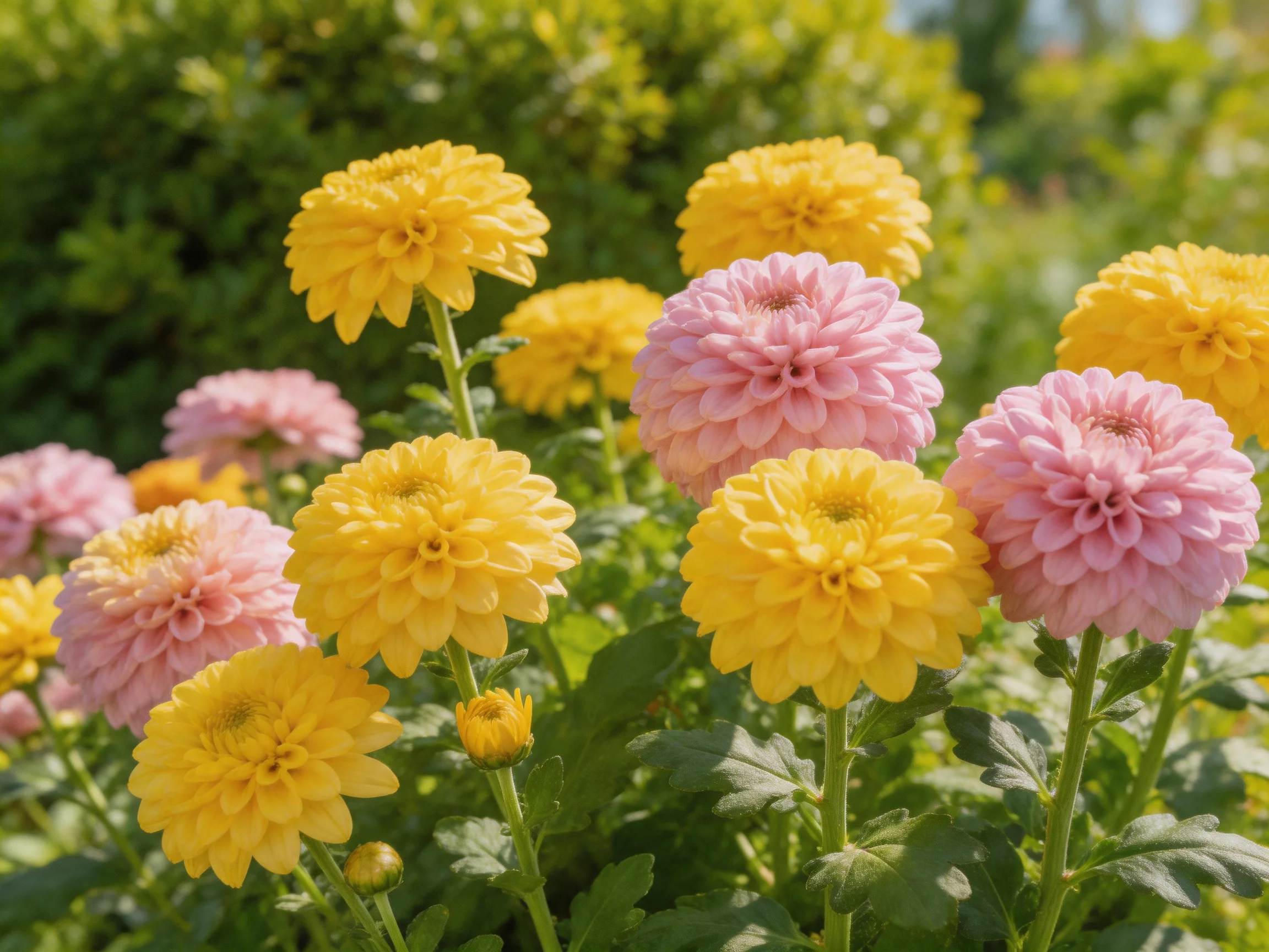 Vibrant yellow and soft pink dahlias bloom in a lush garden