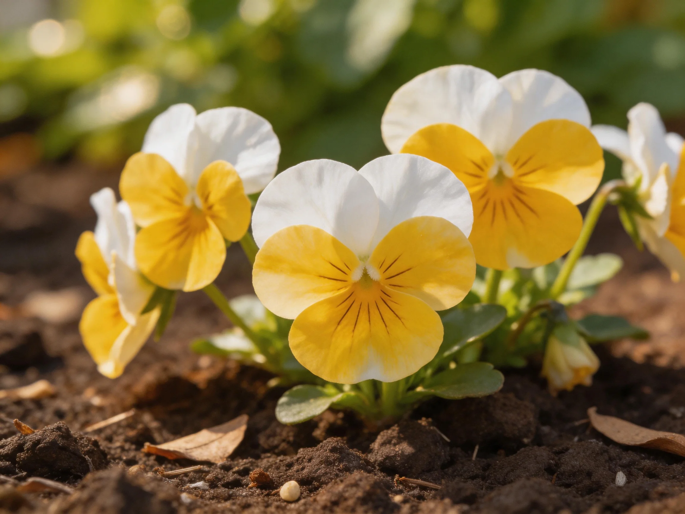 Vibrant yellow and white pansy flowers growing in rich brown soil