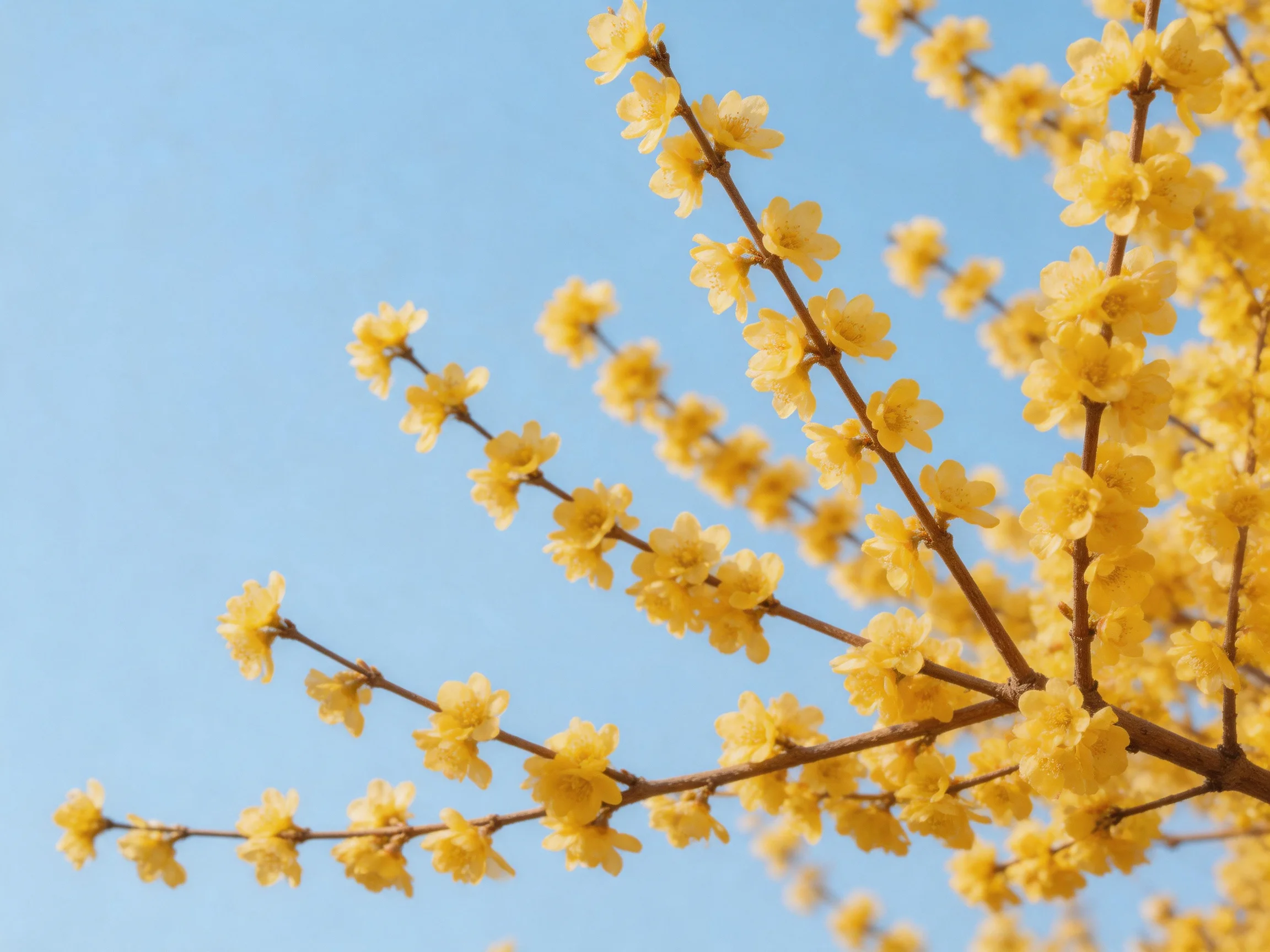 Vibrant yellow blossoms densely cluster on slender branches under clear blue sky