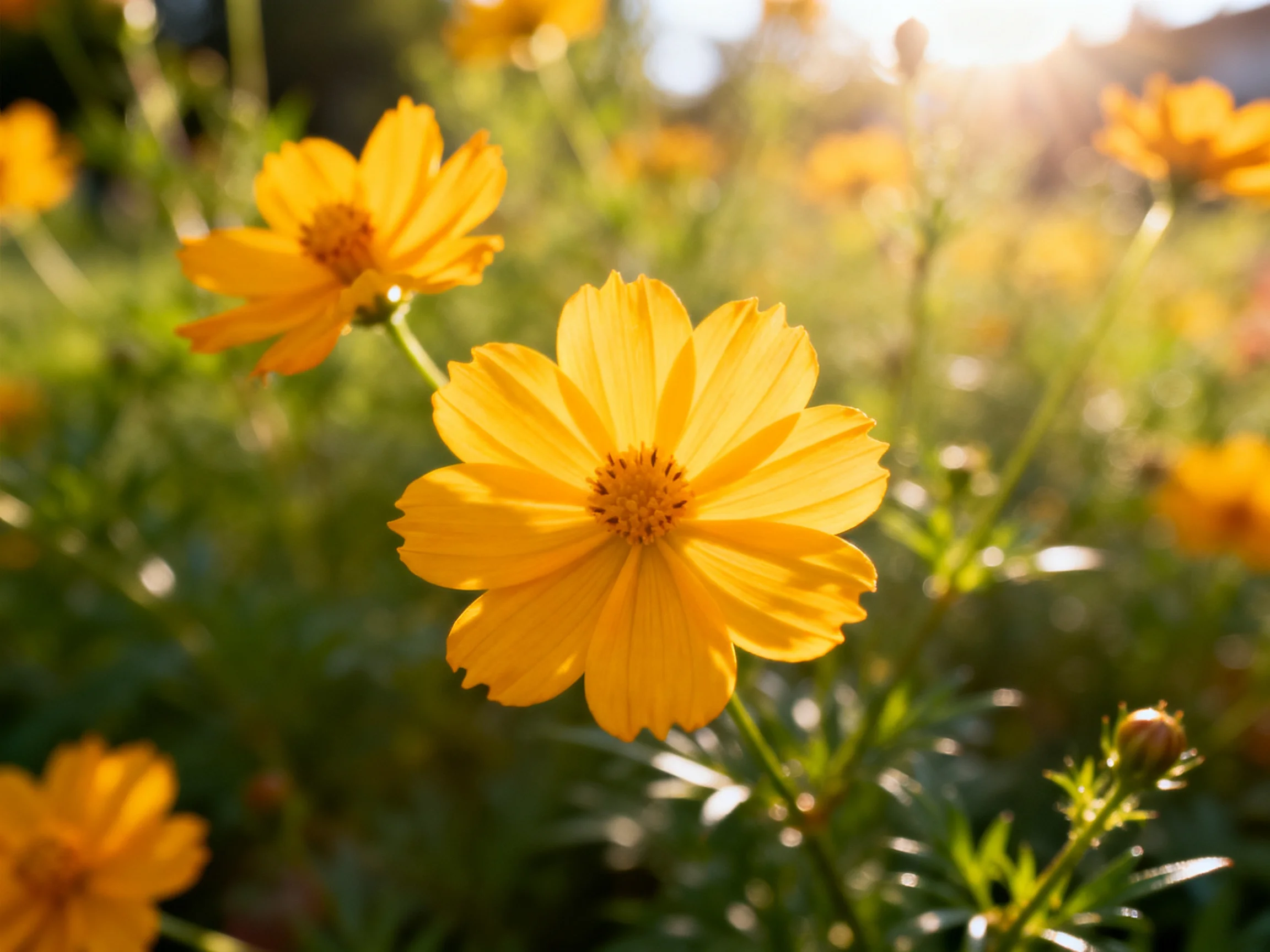 Vibrant yellow cosmos blooms bask in warm sunlight amid lush greenery.