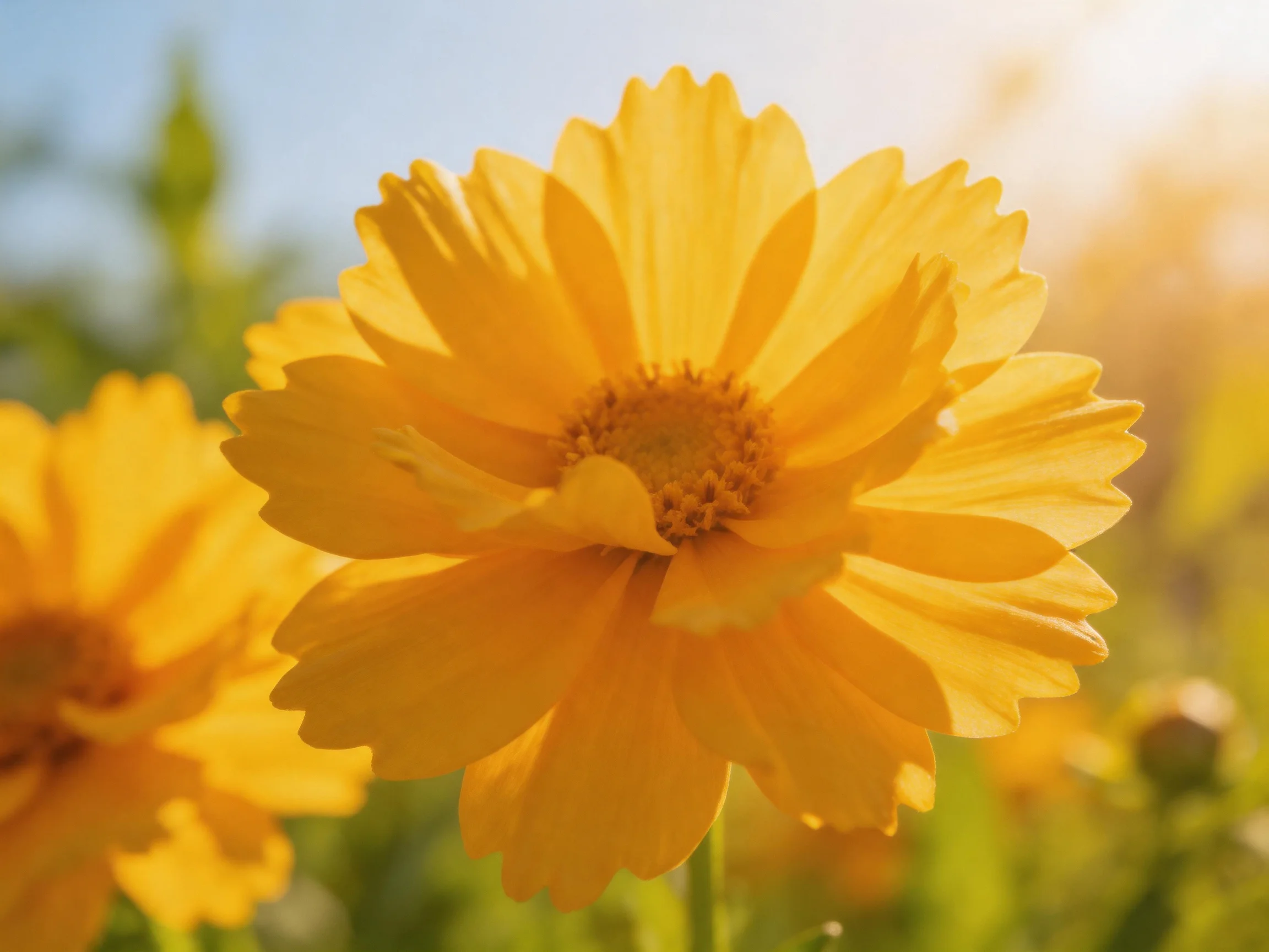 Vibrant yellow cosmos blooms illuminated by warm sunlight