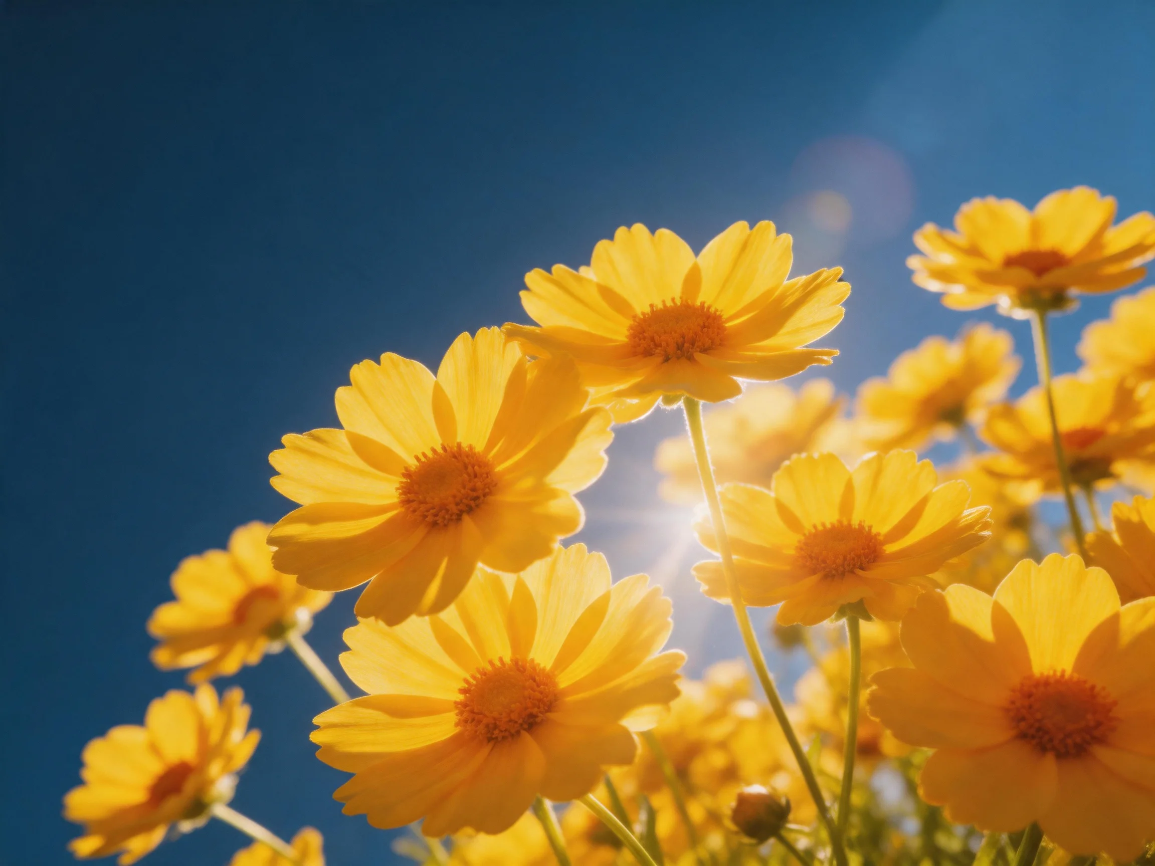 Vibrant yellow cosmos flowers shine under a clear blue sky with sunlight streaming through