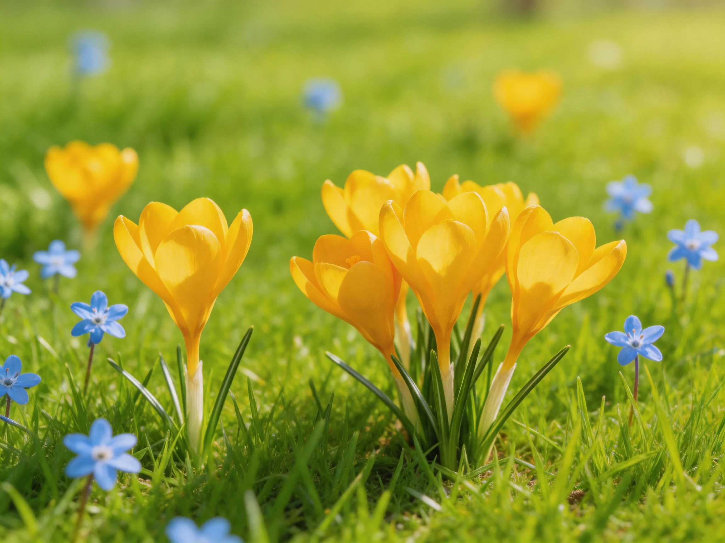 Vibrant yellow crocus blooms amid small blue flowers in lush green grass