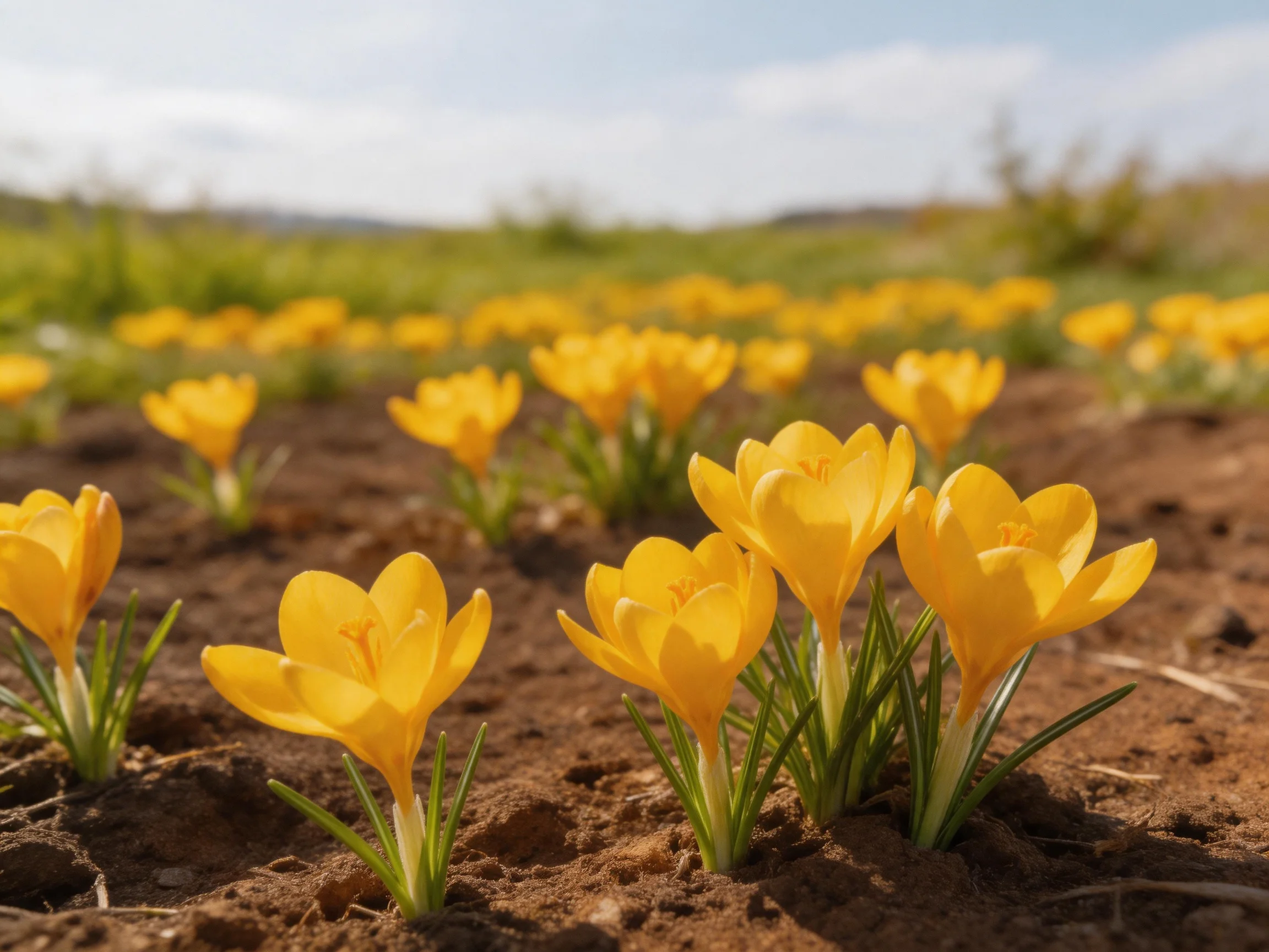 Vibrant yellow crocus flowers bloom in rich brown soil under bright daylight
