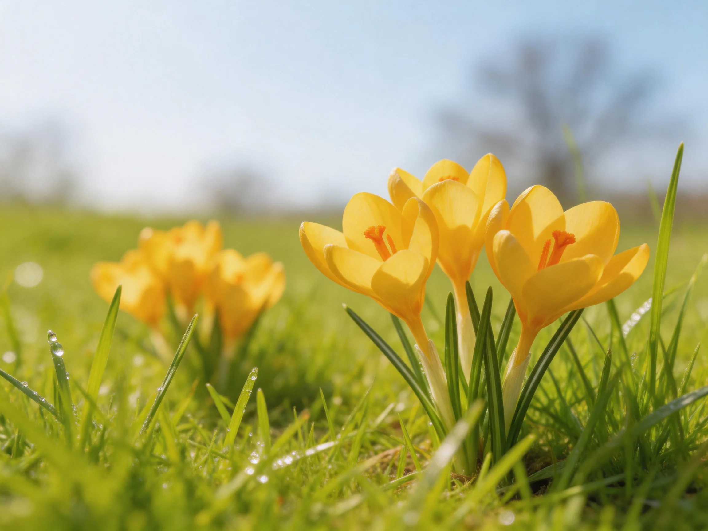 Vibrant yellow crocuses bloom in a sunlit meadow with lush green grass