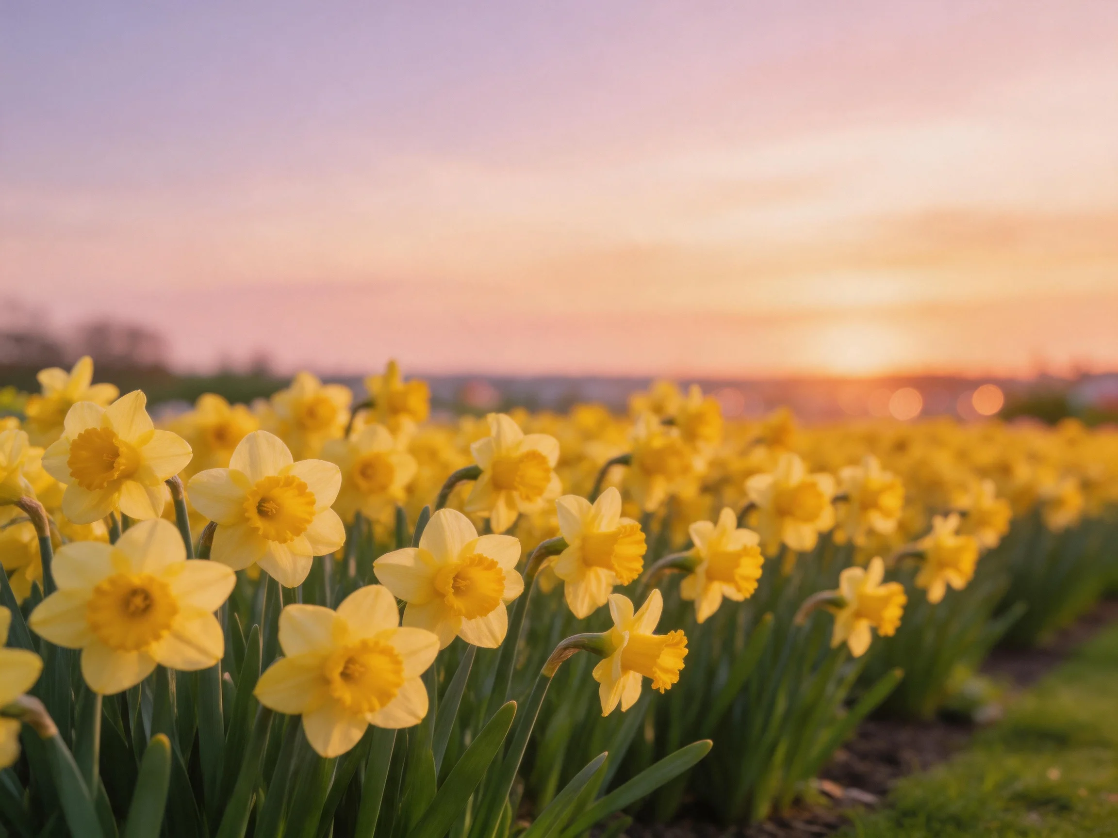 Vibrant yellow daffodil field beneath a soft pink sunset sky
