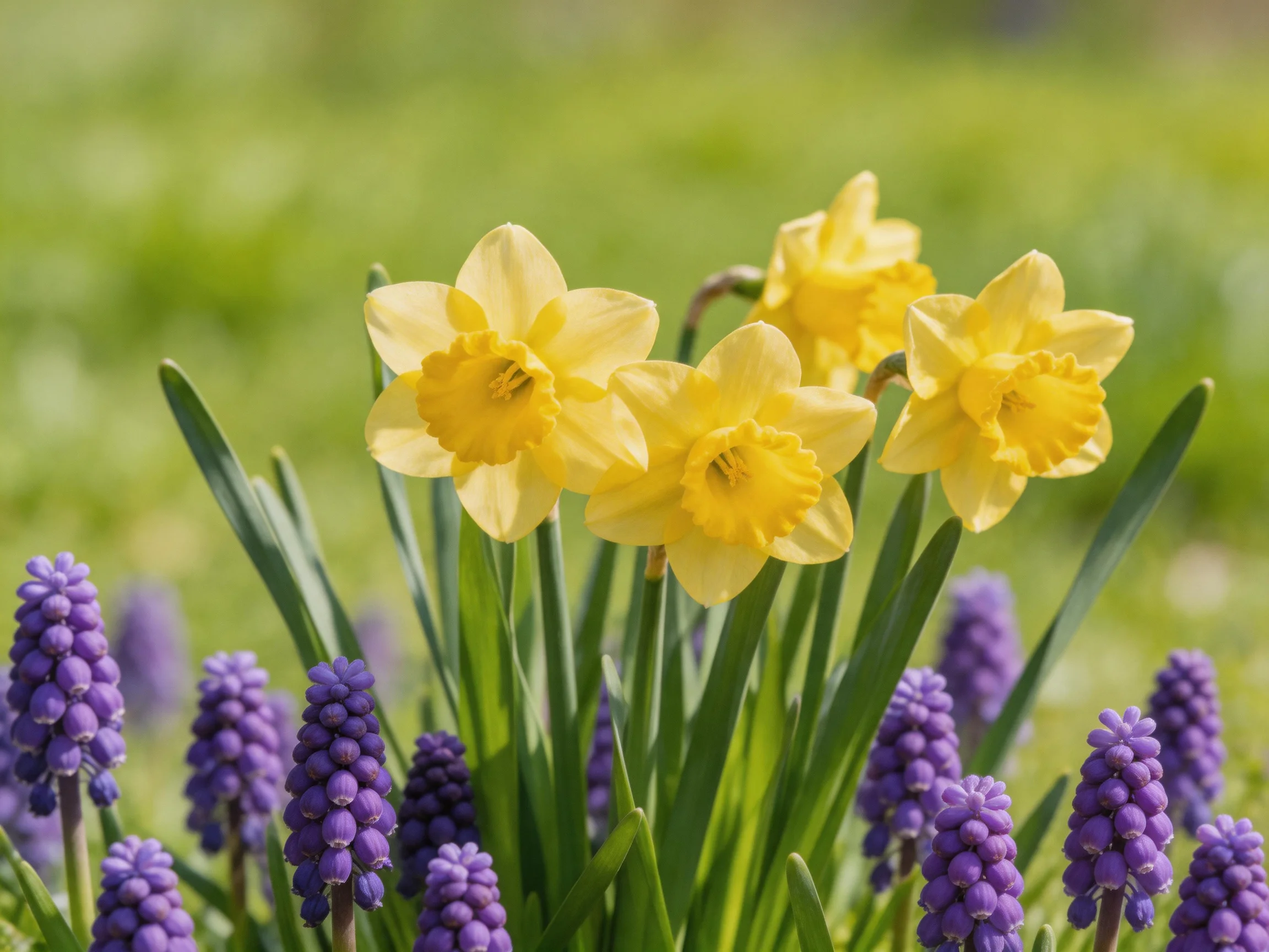 Vibrant yellow daffodils among clustered purple blooms