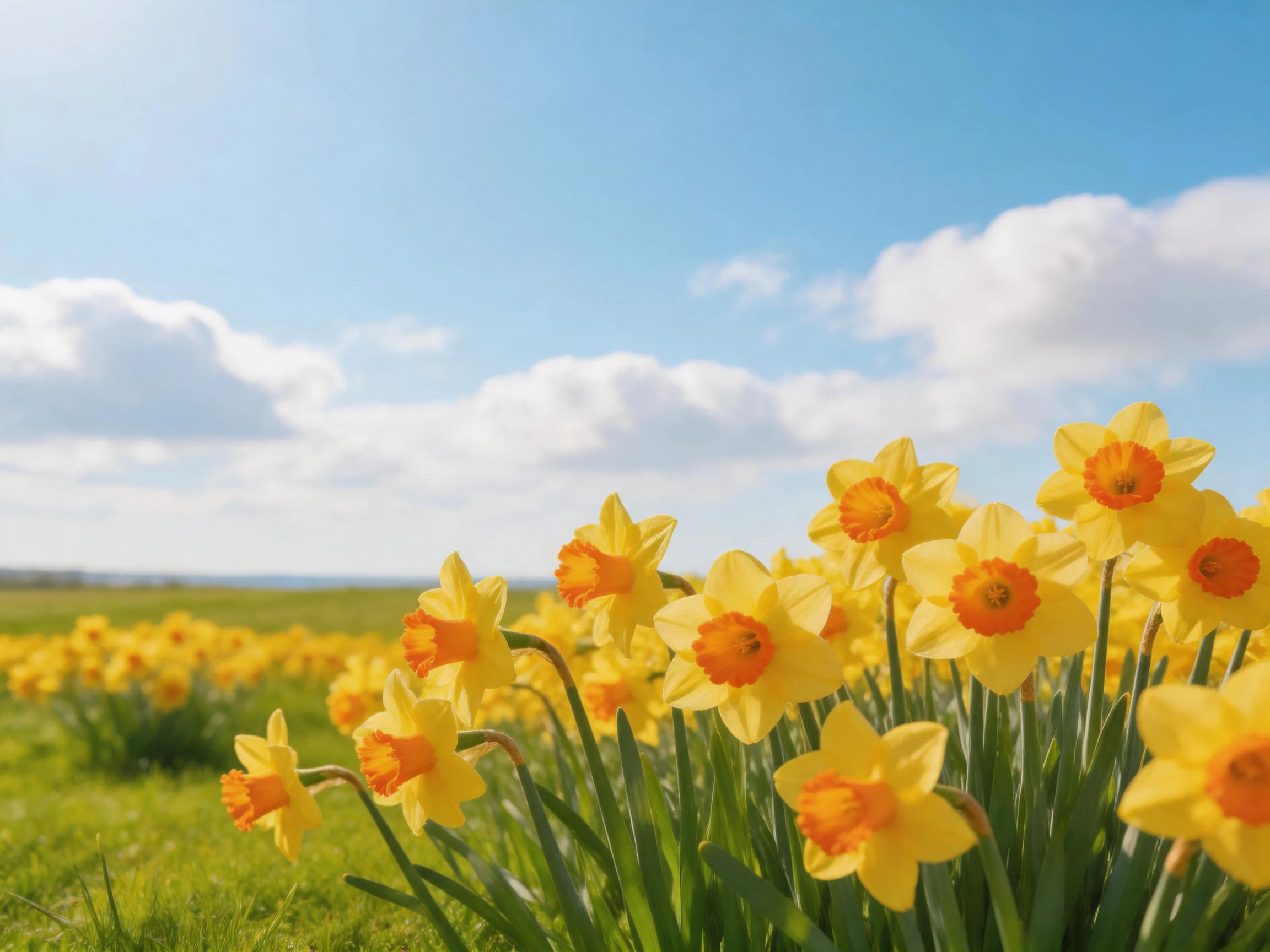 Vibrant yellow daffodils bloom in a lush green meadow beneath bright blue skies