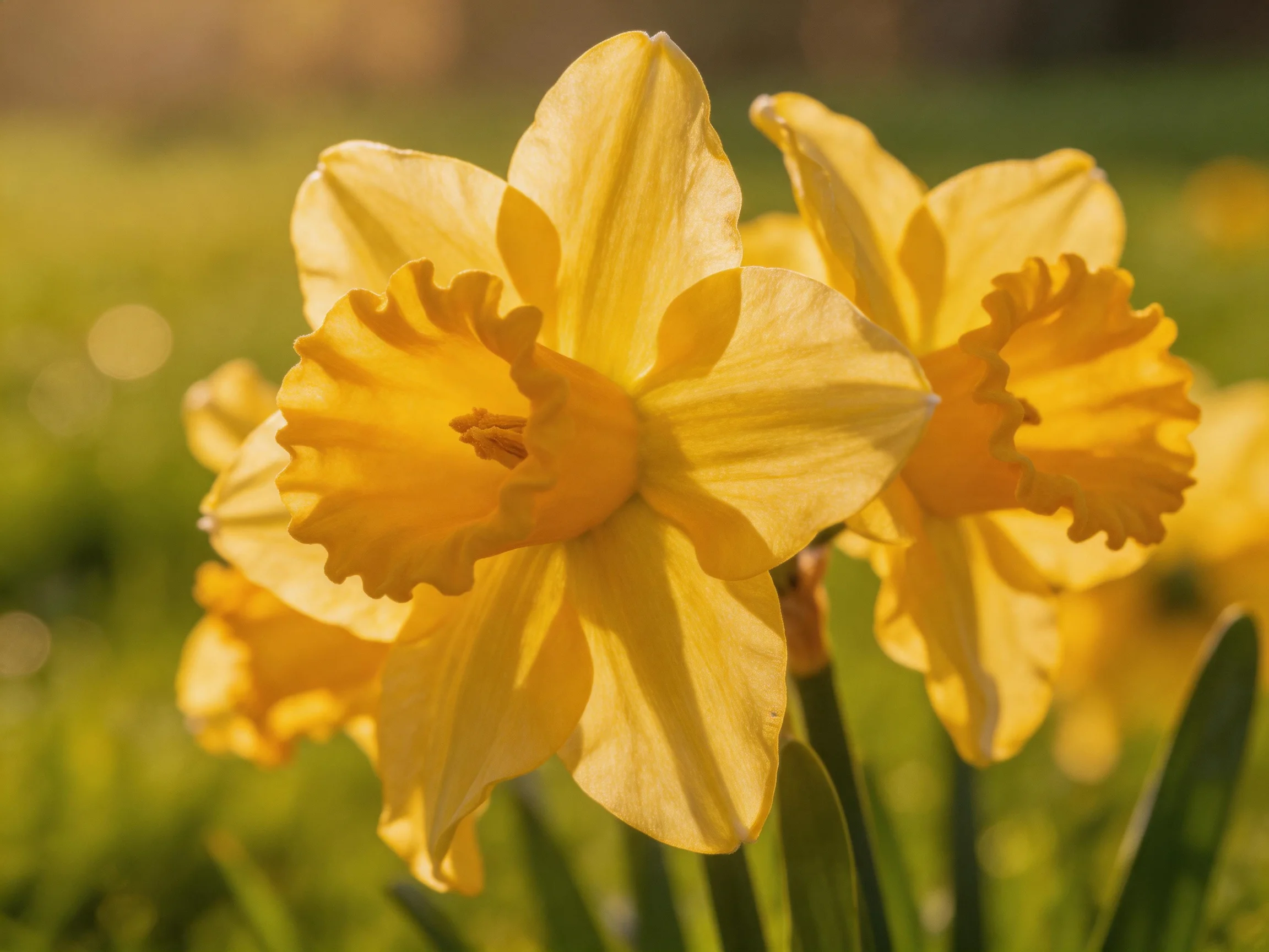 Vibrant yellow daffodils blooming in a sunlit meadow