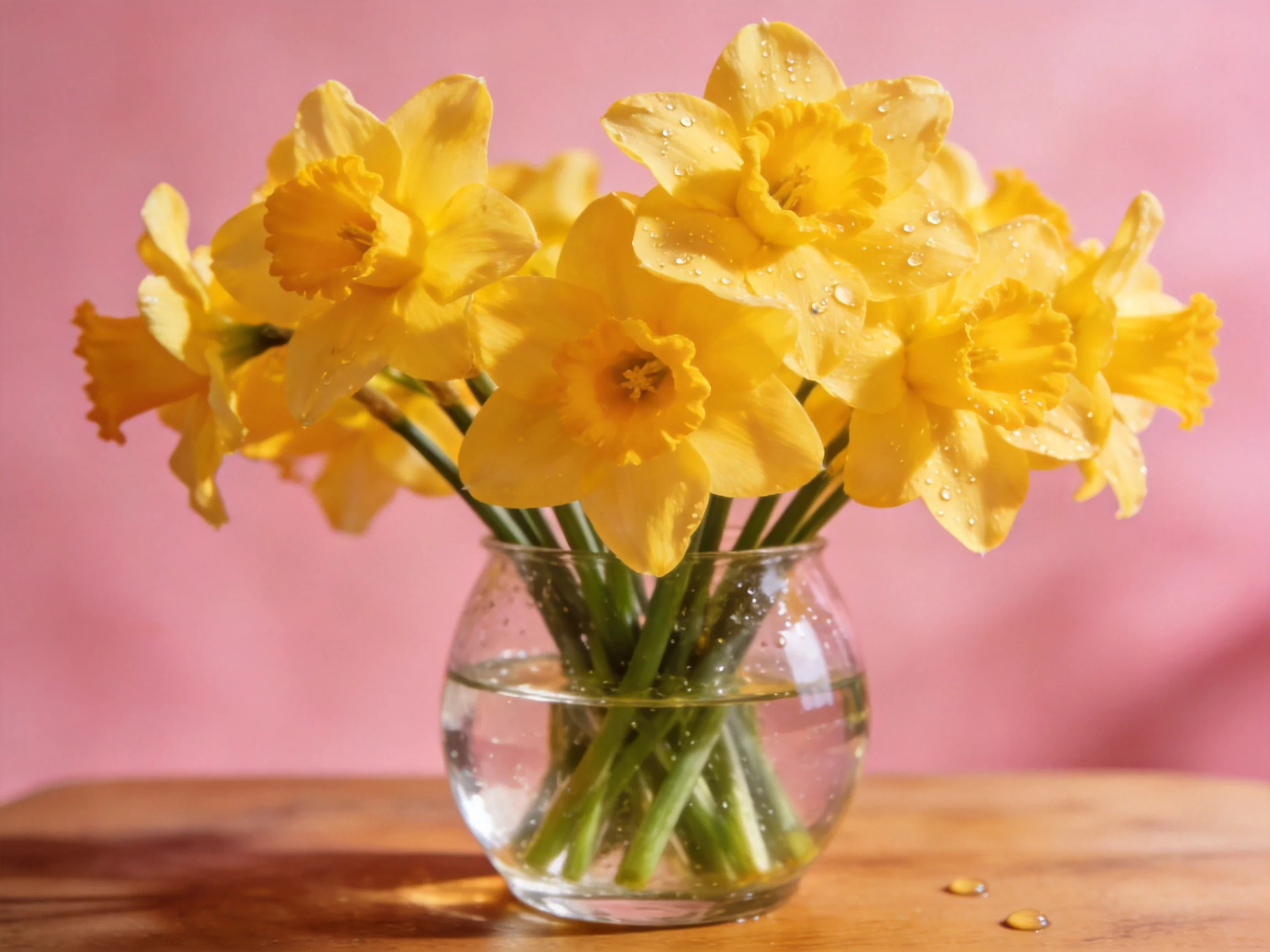 Vibrant yellow daffodils in a glass vase against pink backdrop