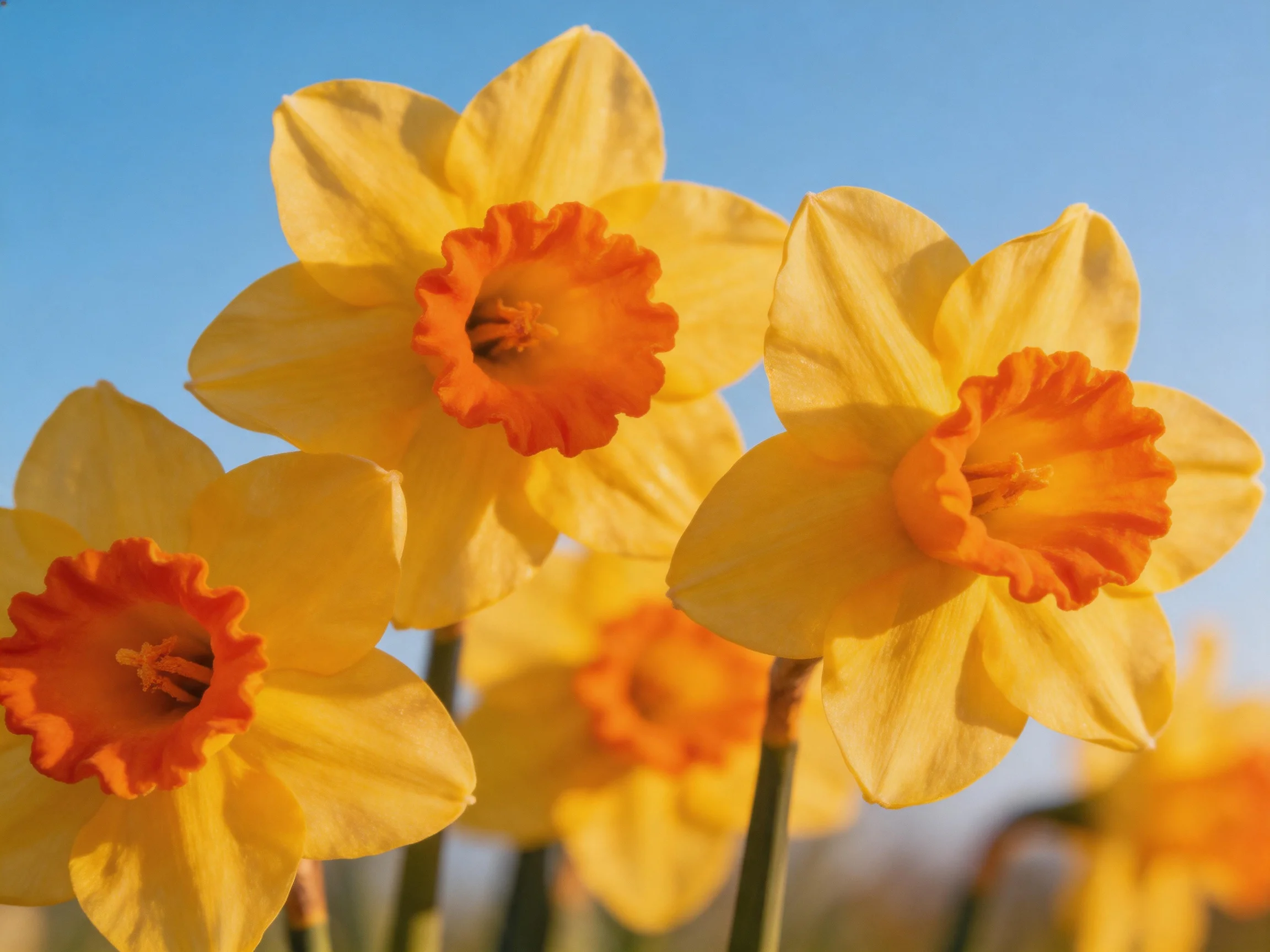 Vibrant yellow daffodils with orange centers bloom under clear blue sky
