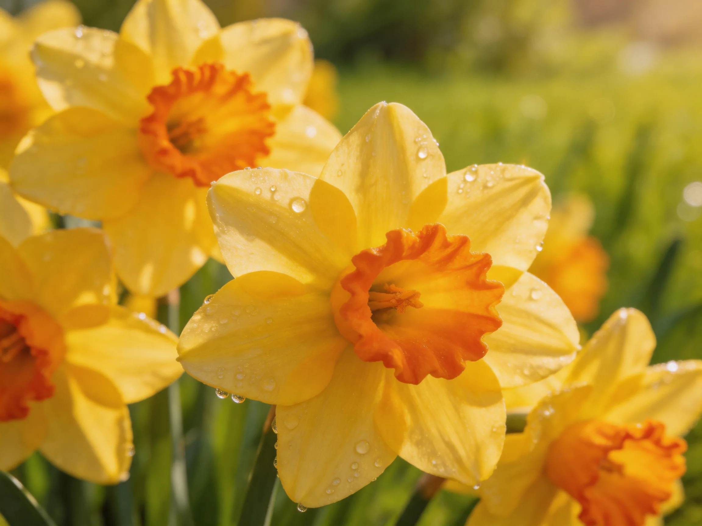 Vibrant yellow daffodils with orange centers in a sunlit garden