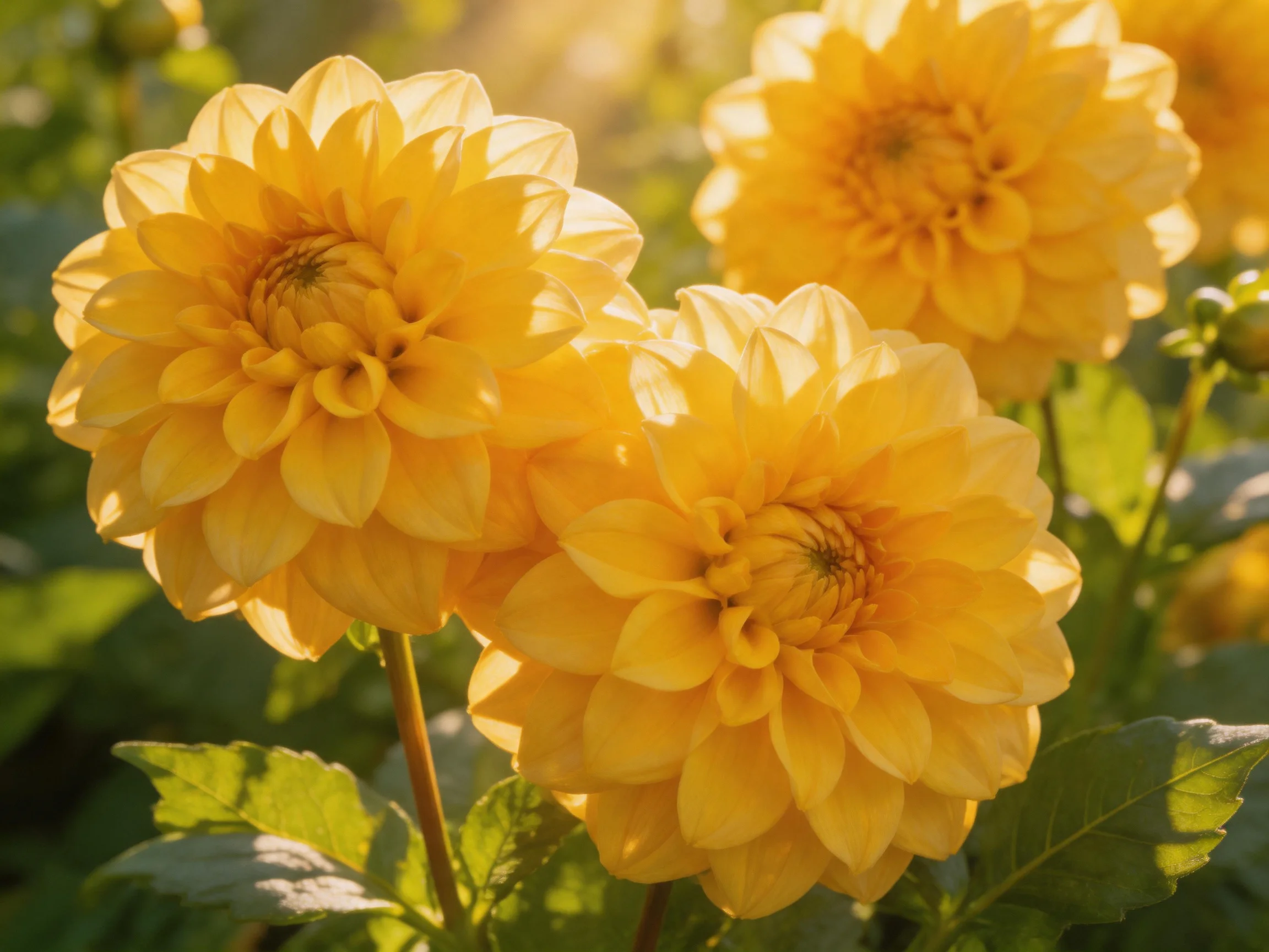 Three bright yellow dahlia blooms are highlighted by sunlight in a garden.