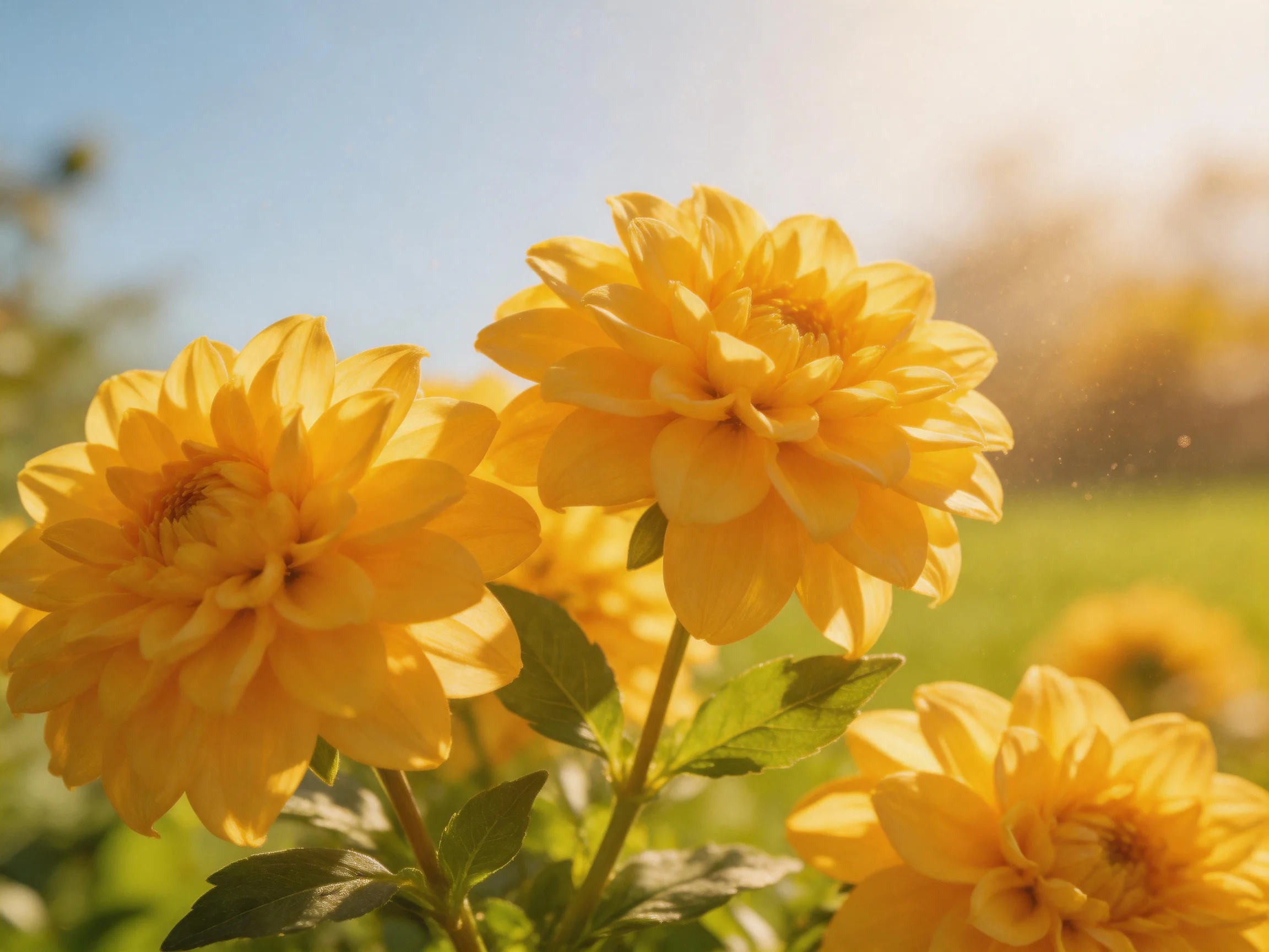 Vibrant yellow dahlia blooms shine amid lush greenery under sunny skies