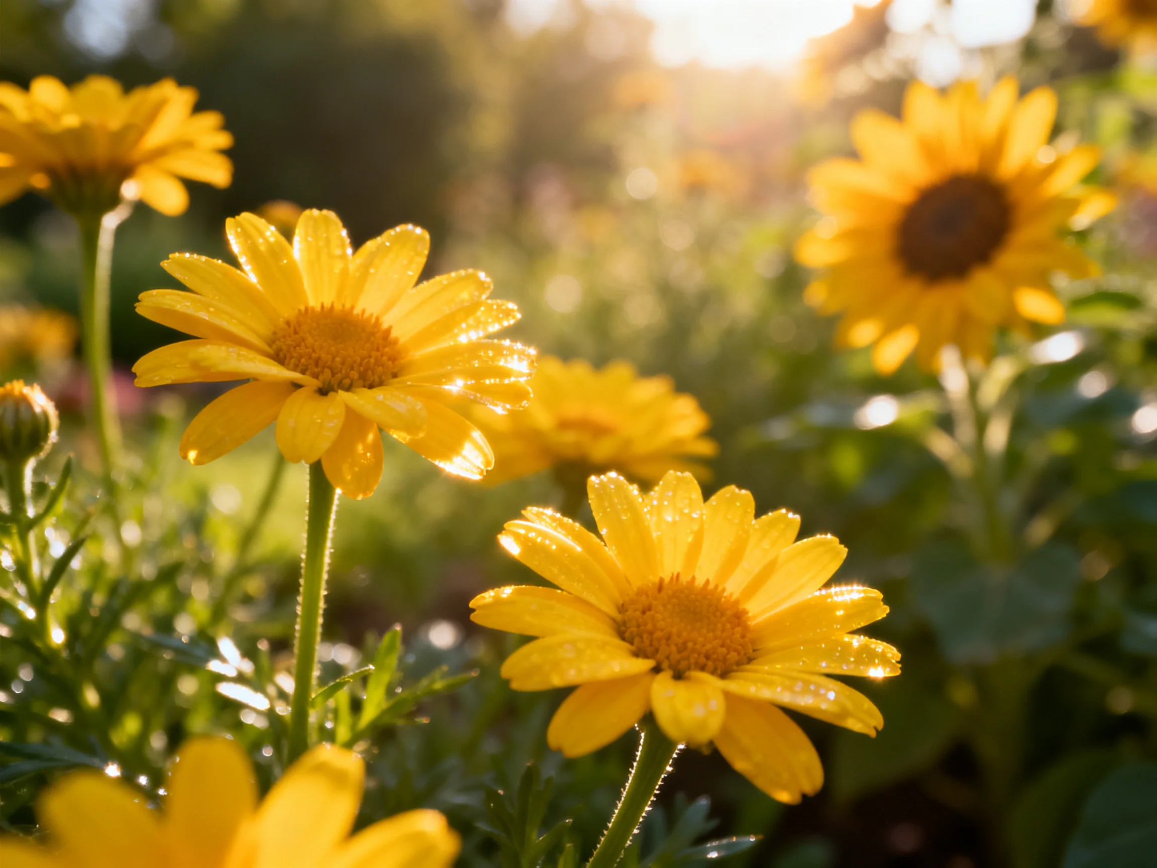 Vibrant yellow daisies glisten with dew in a sunlit garden