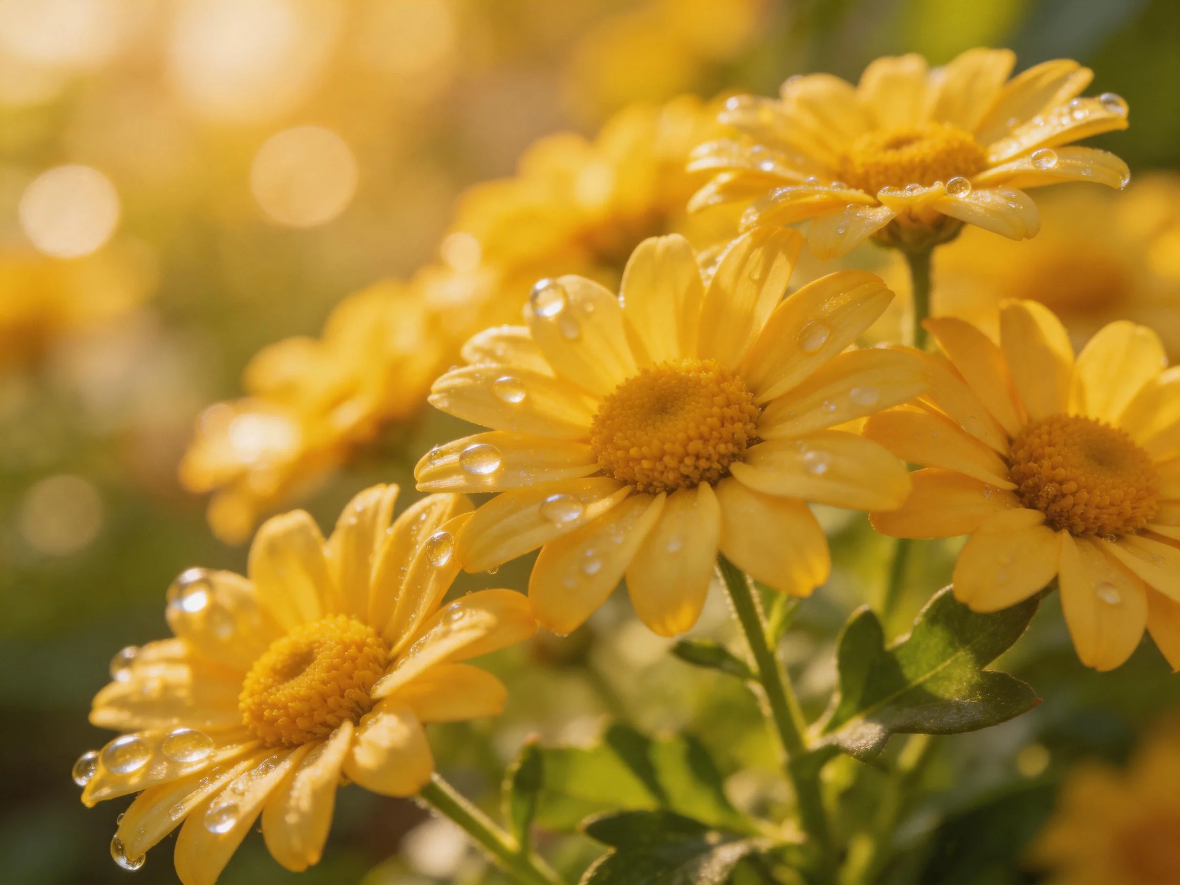 Vibrant yellow daisies with water droplets under golden light