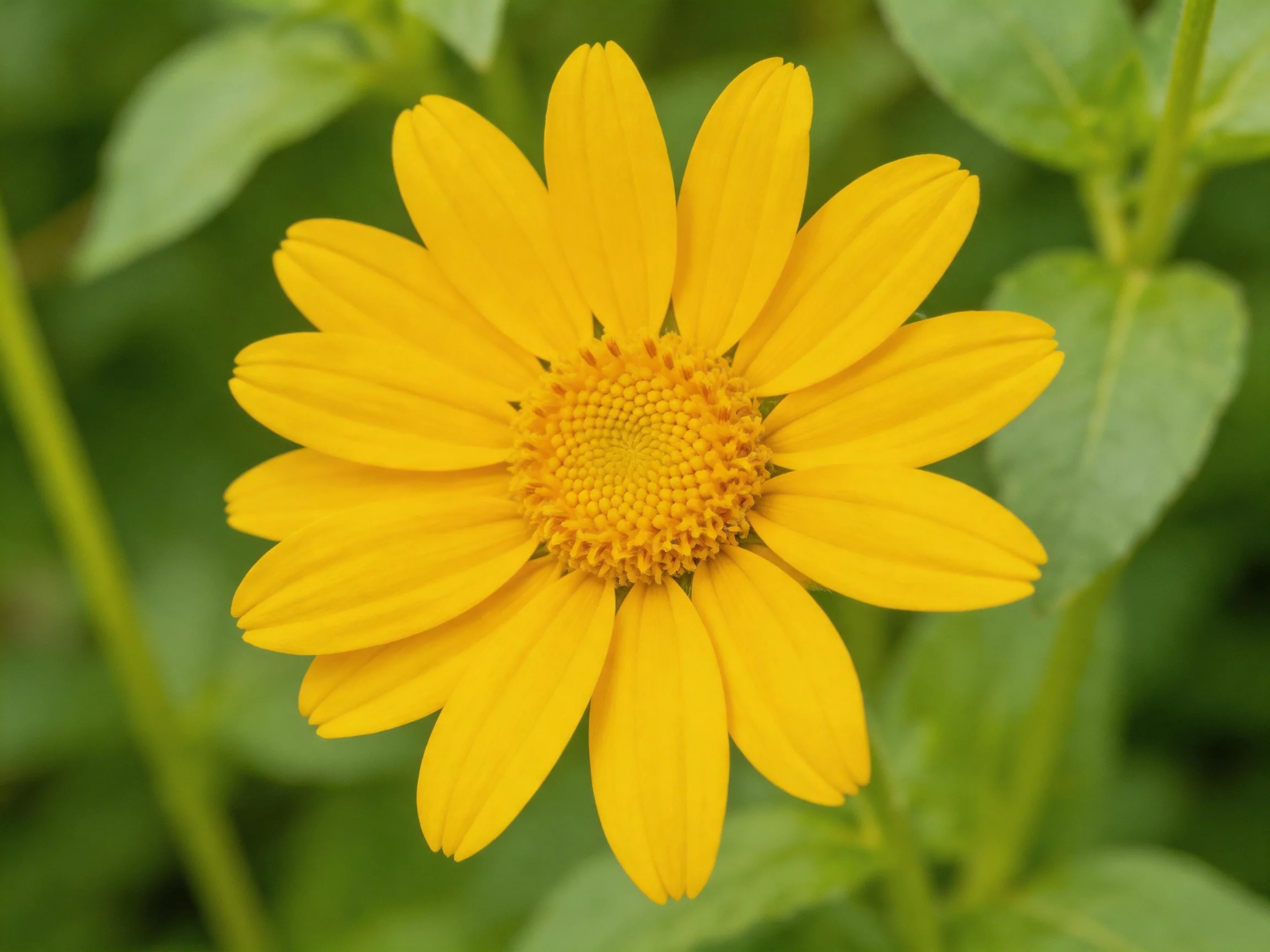 Vibrant yellow daisy with symmetrical petals and textured center