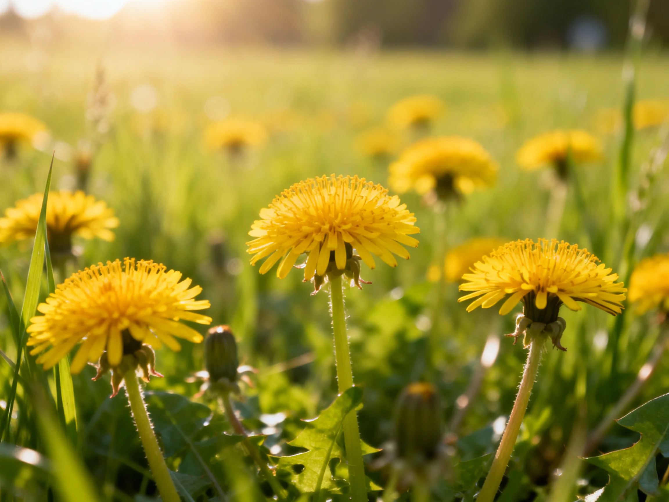 Vibrant yellow dandelions bloom in a sunlit green meadow