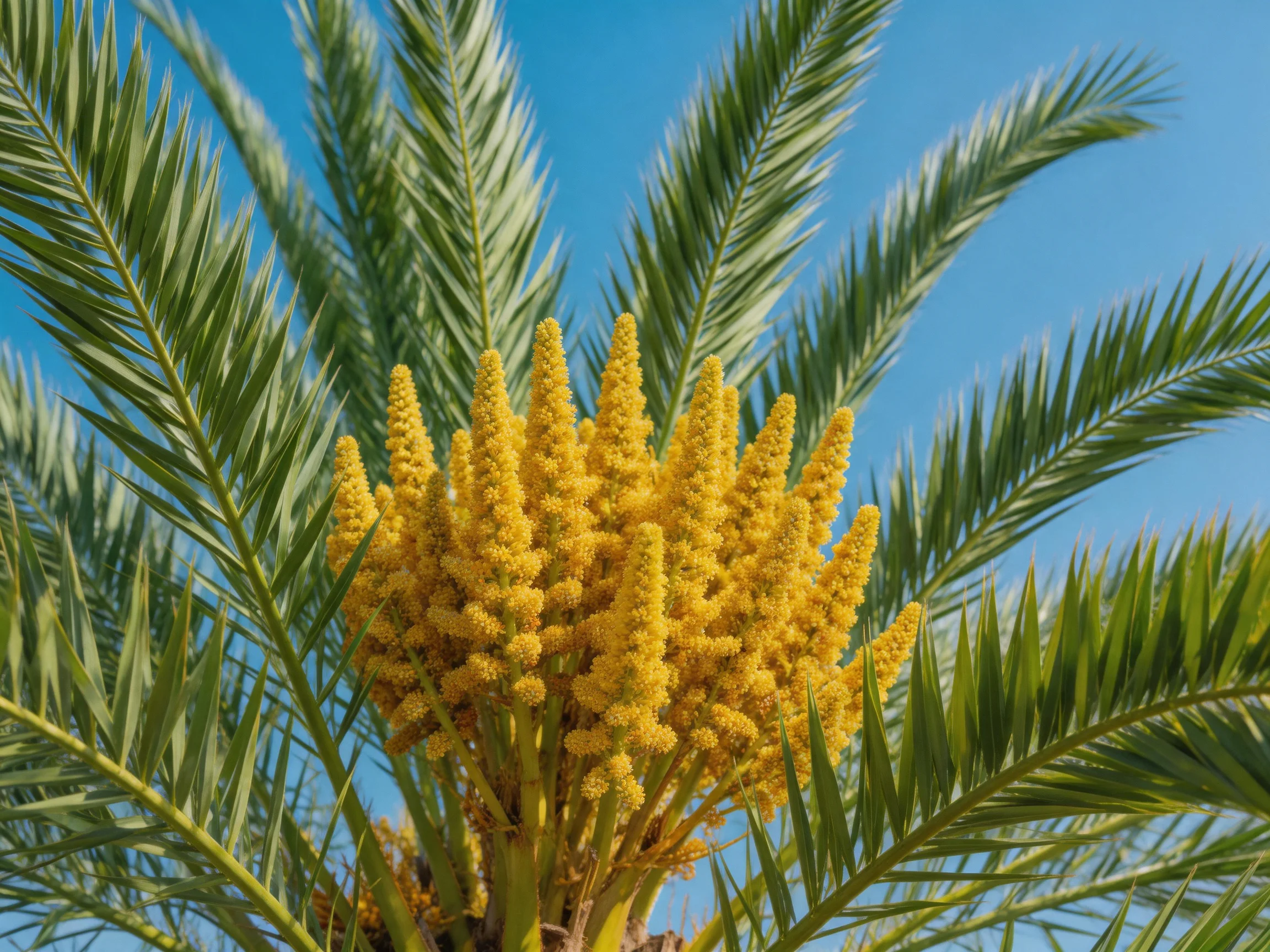 Vibrant yellow date palm blooms amid lush green fronds