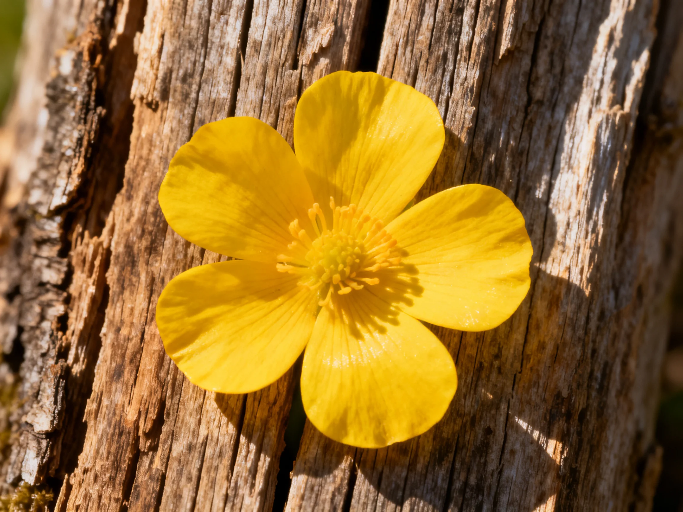 Vibrant yellow five-petaled flower on weathered wooden surface