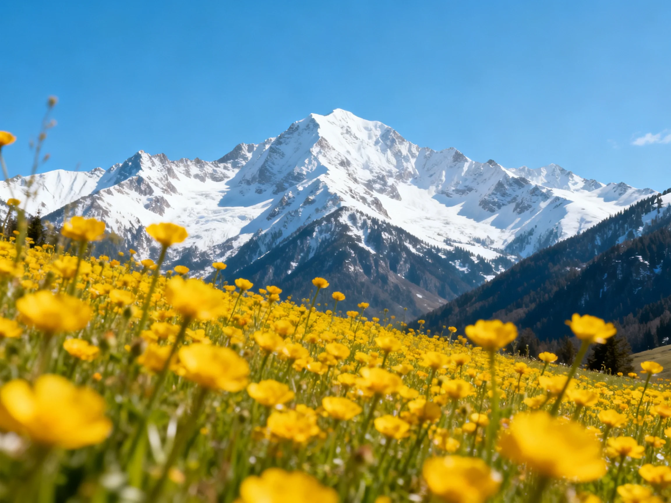 Vibrant yellow flower field beneath towering snow-capped mountain peaks