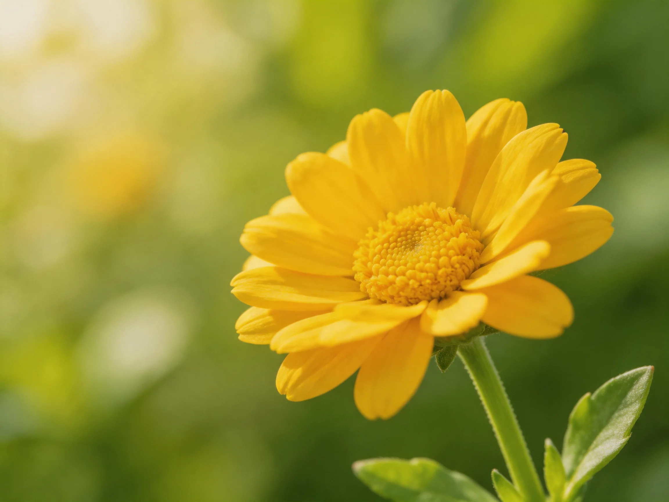 Vibrant yellow flower with layered petals amid blurred green foliage