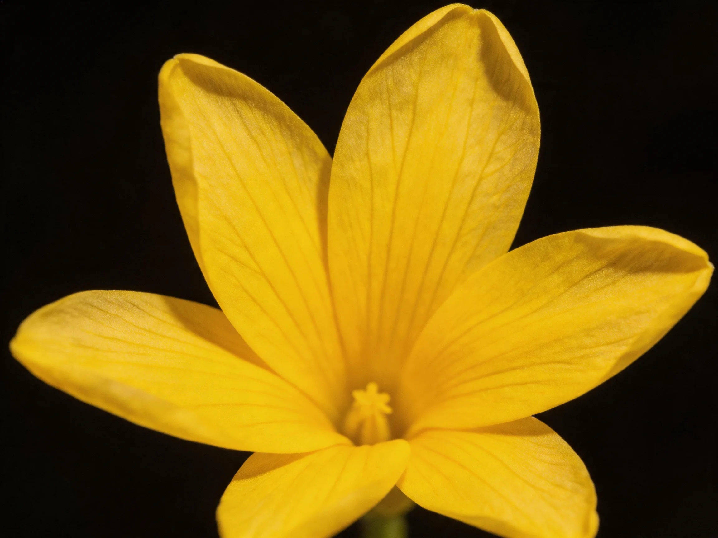 Vibrant yellow flower with six broad petals against a black backdrop