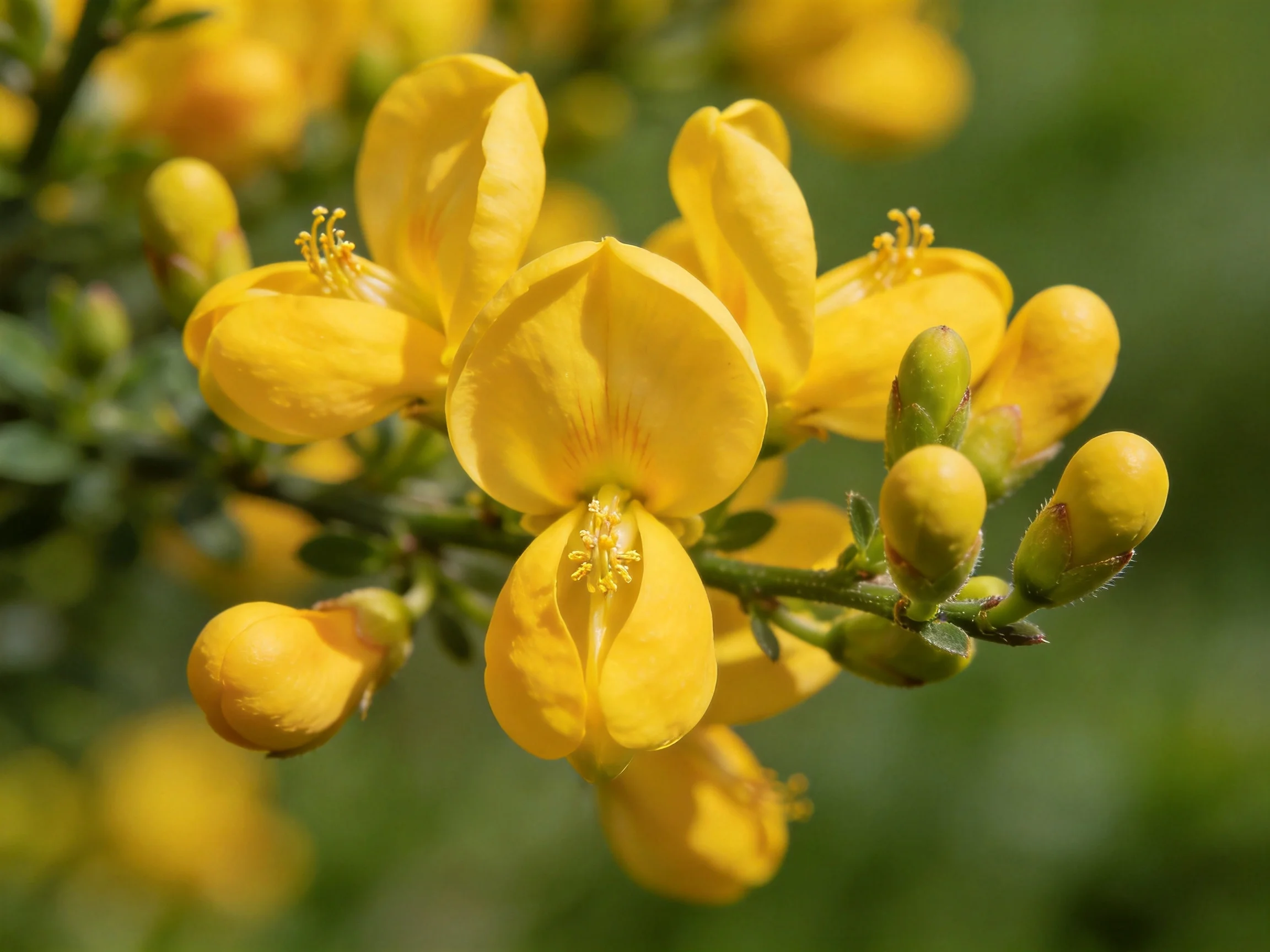Vibrant yellow flowers and green buds cluster on a leafy bush