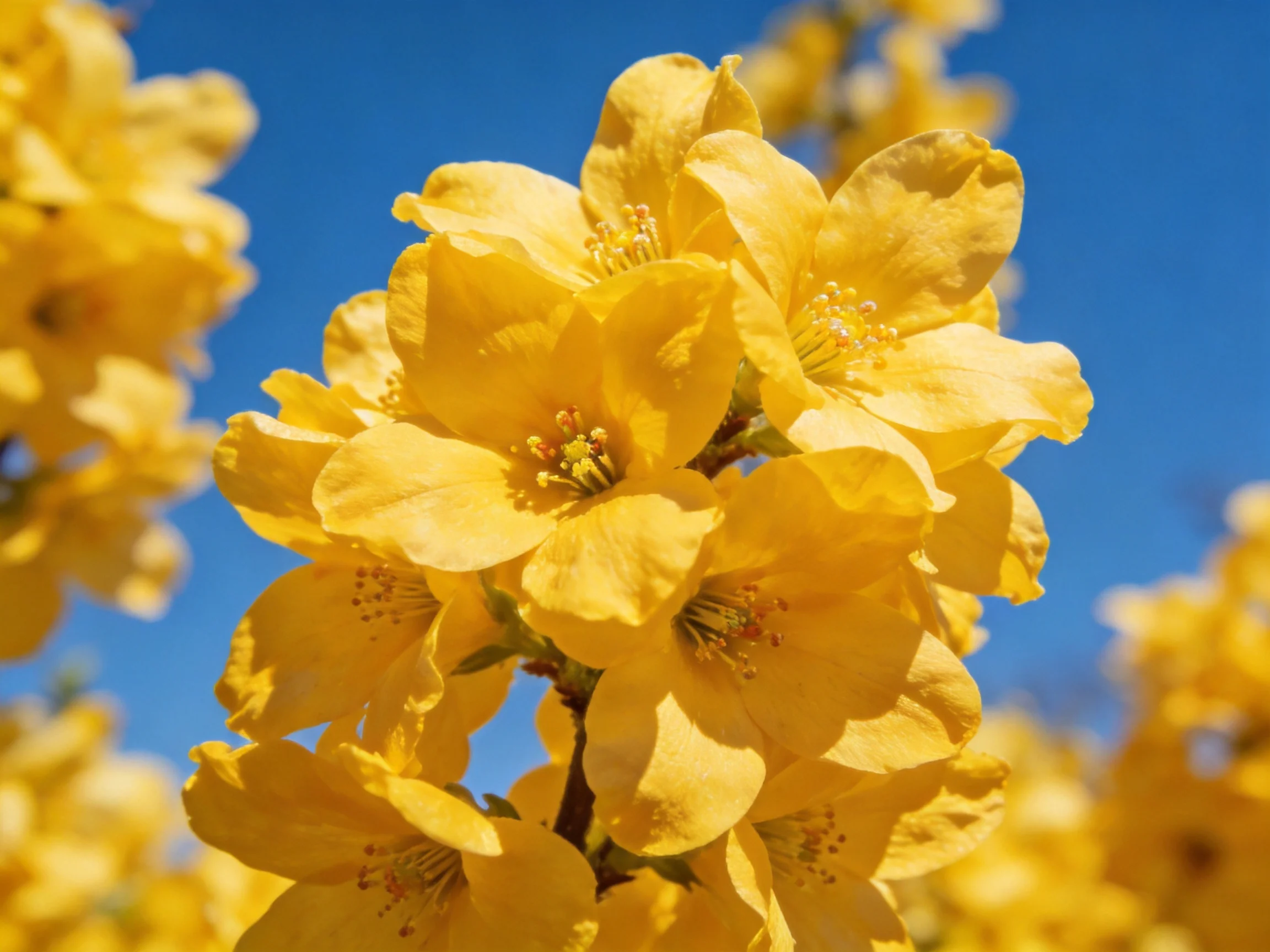 Vibrant yellow flowers bloom against a clear blue sky