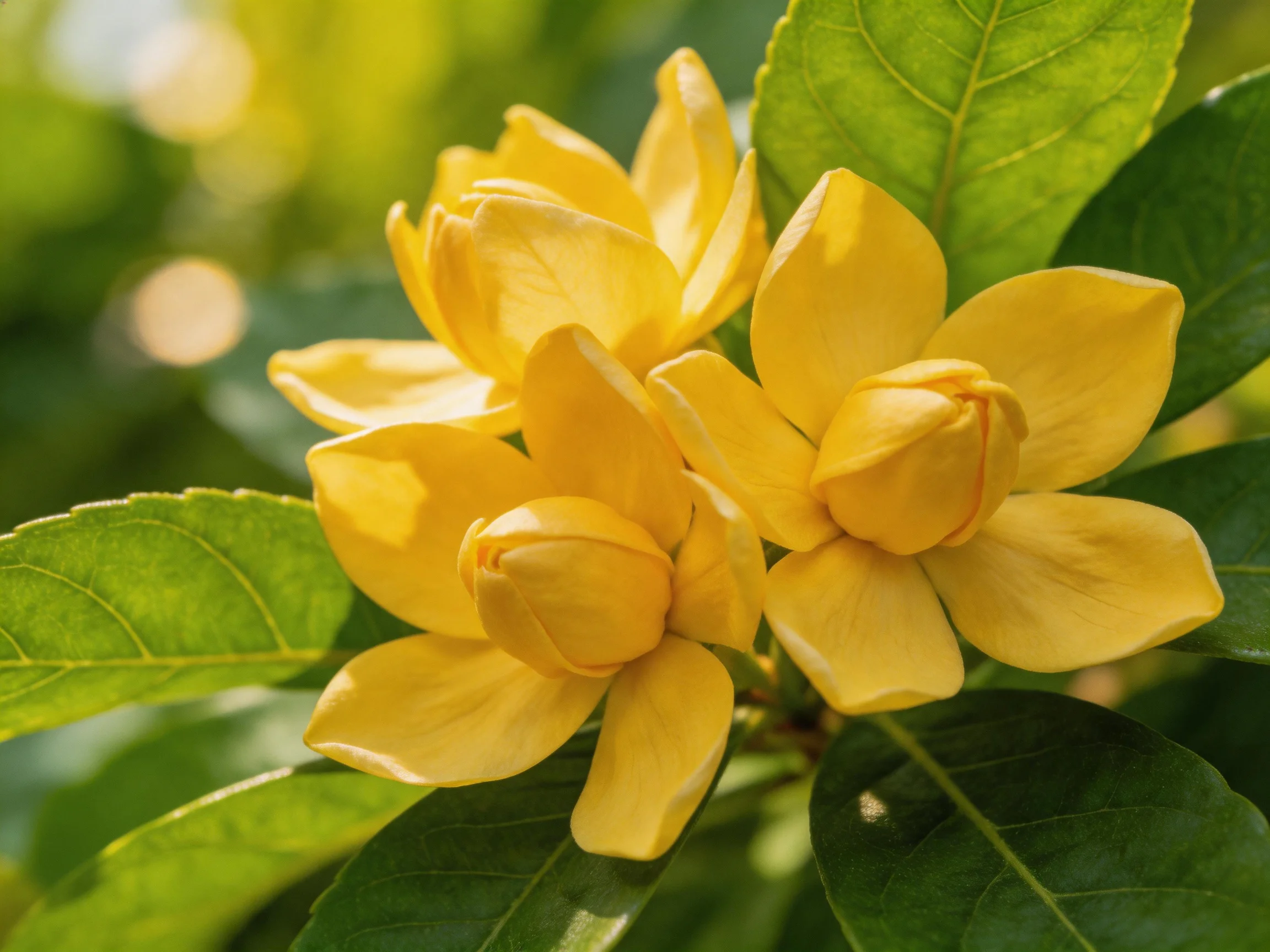 Vibrant yellow flowers bloom amid glossy green foliage