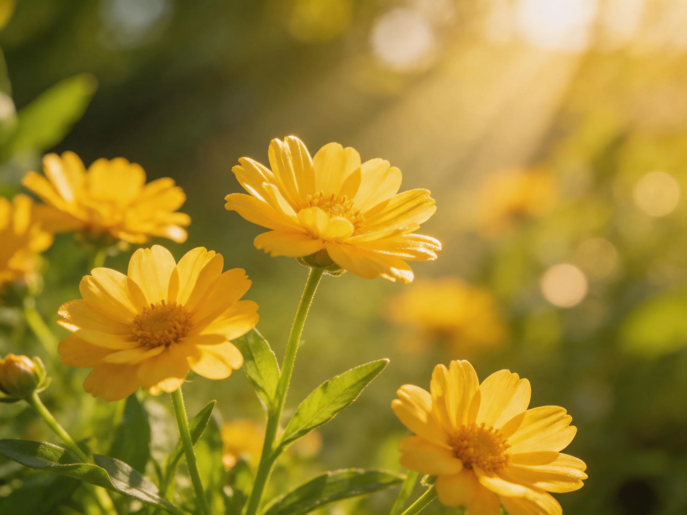 Vibrant yellow flowers bloom amid lush greenery under warm sunlight