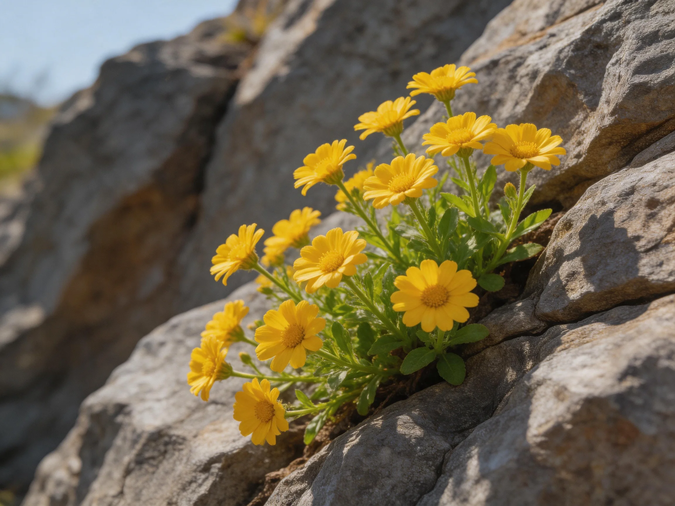 Vibrant yellow flowers bloom from rocky crevices