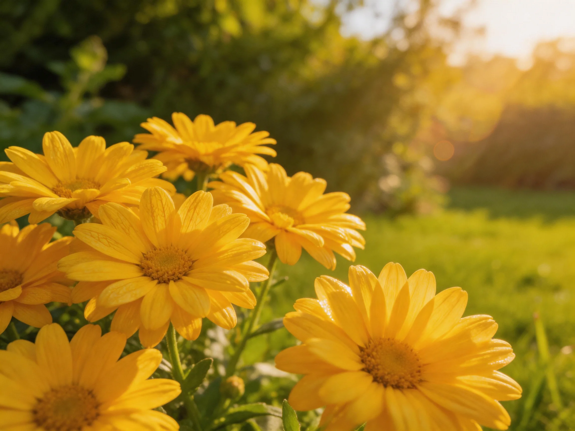 Vibrant yellow flowers bloom in a sun-drenched garden landscape