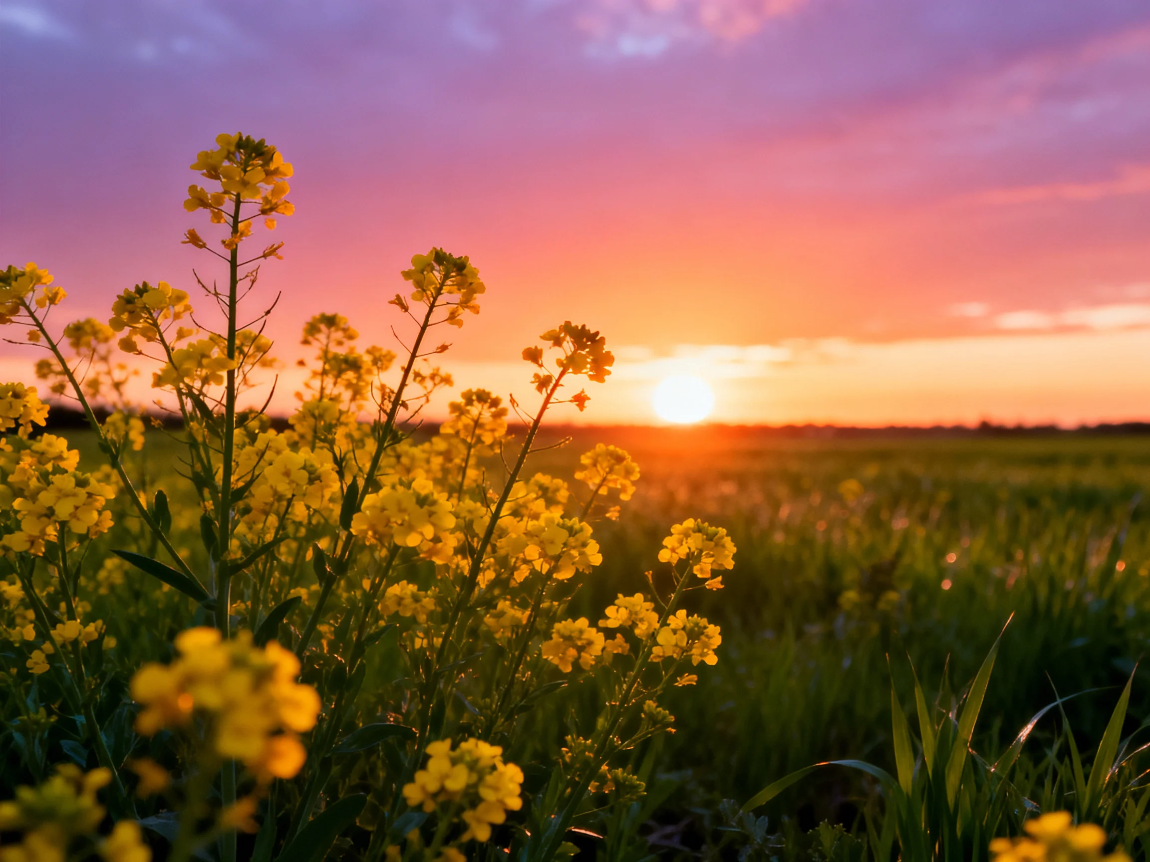 Vibrant yellow flowers bloom near a glowing sunset over a green field