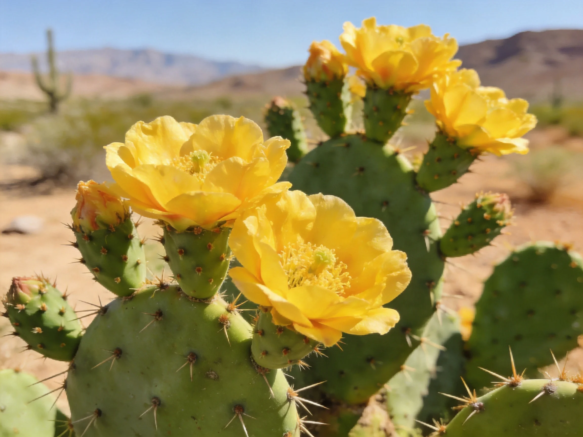 Vibrant yellow flowers bloom on a spiny green cactus in a desert landscape