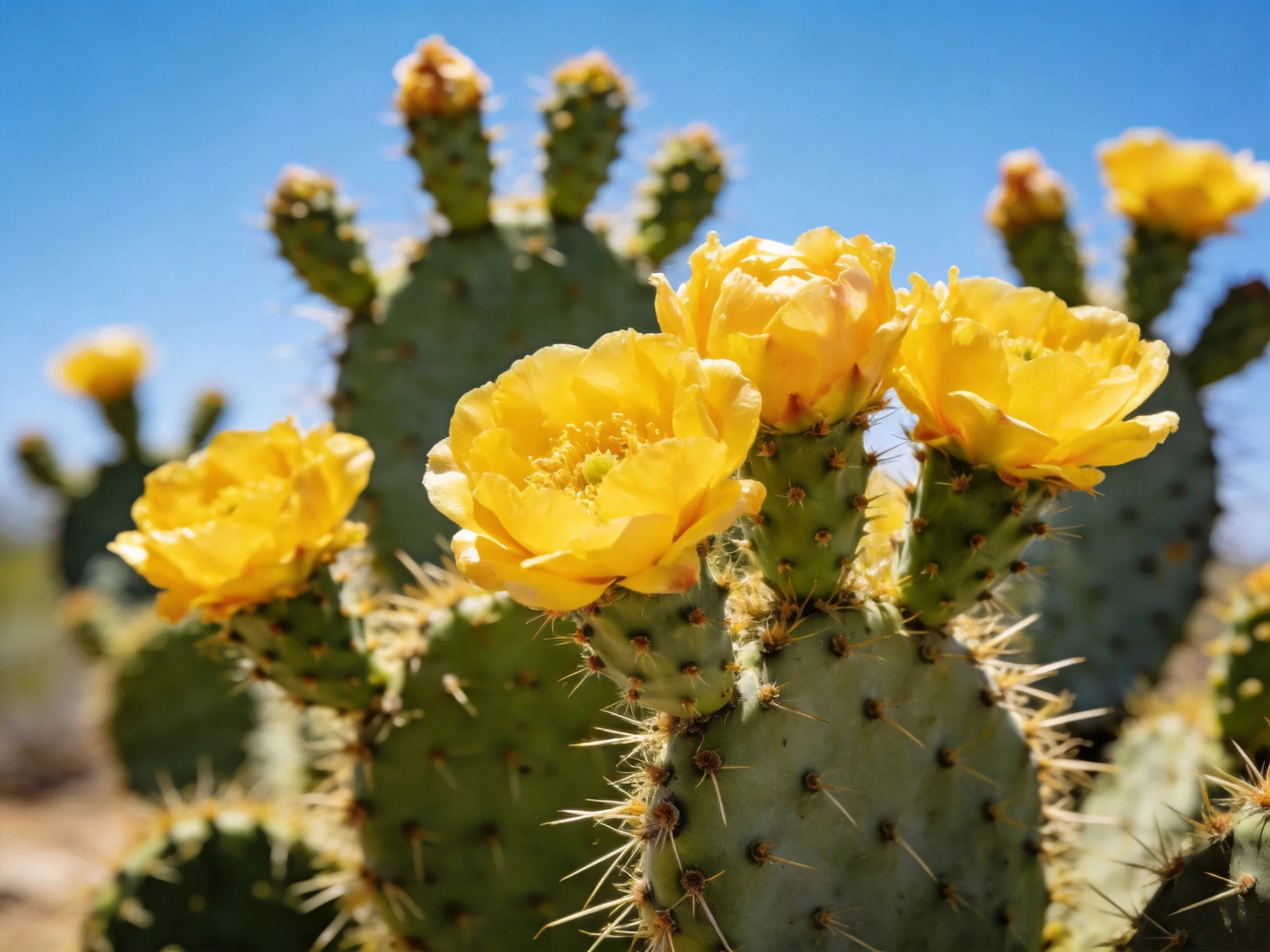Vibrant yellow flowers bloom on a spiny green cactus under a clear blue sky