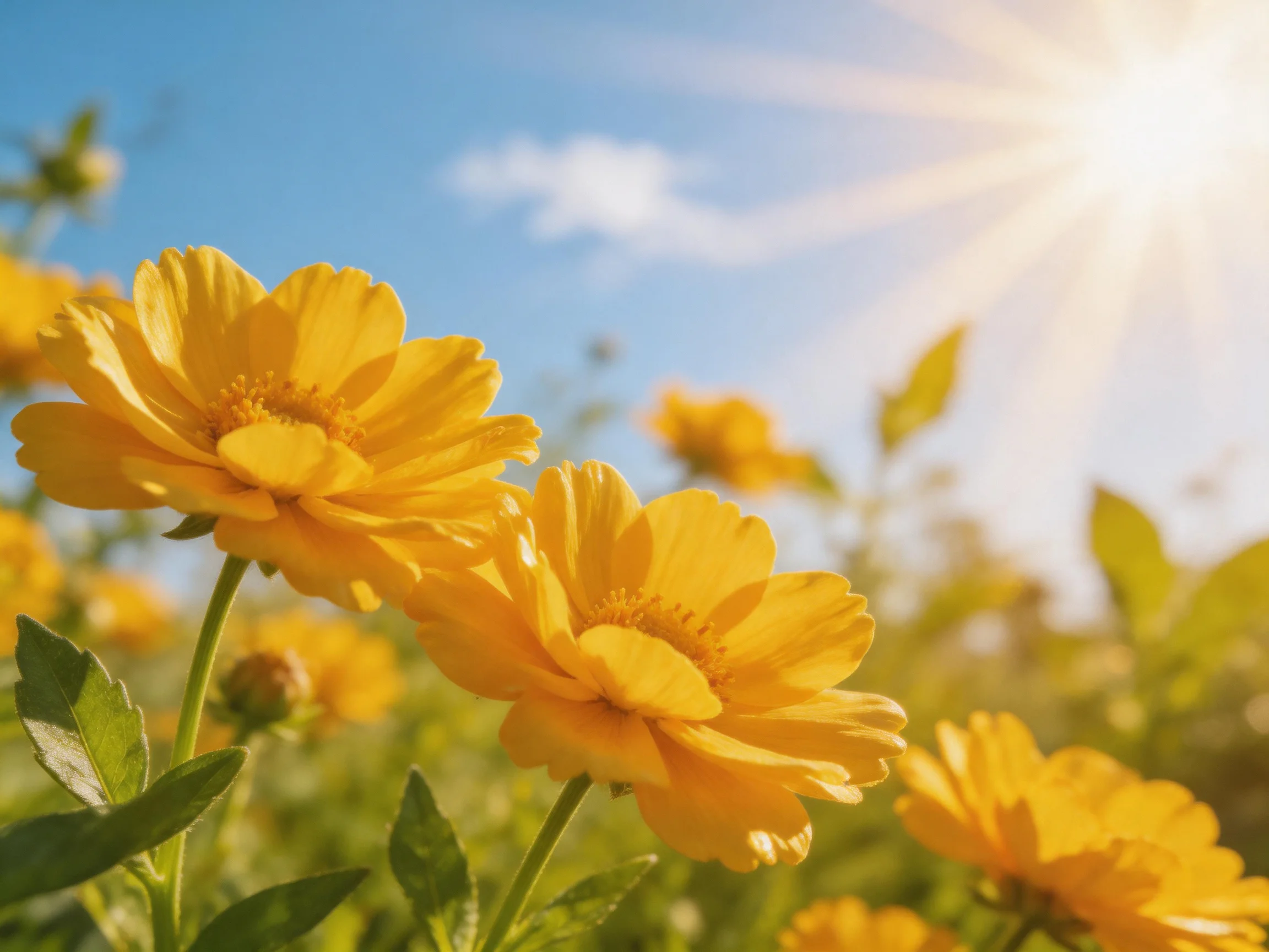 Vibrant yellow flowers bloom under a clear blue sky with shining sun