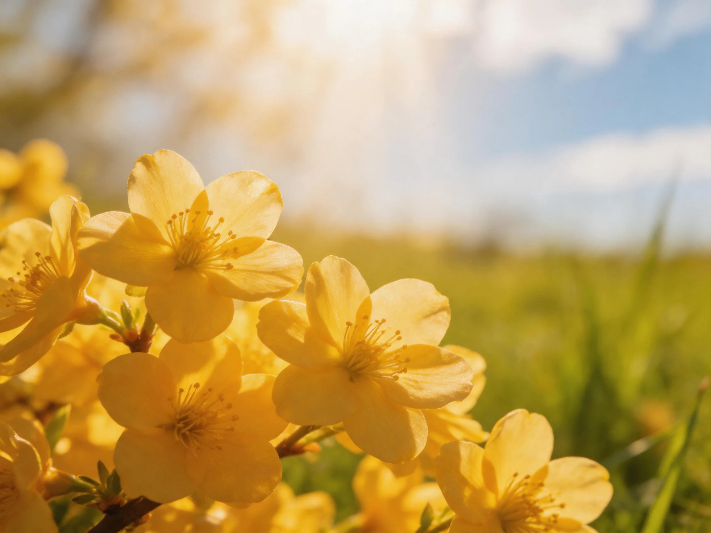 Vibrant yellow flowers bloom under bright sunlight near lush greenery