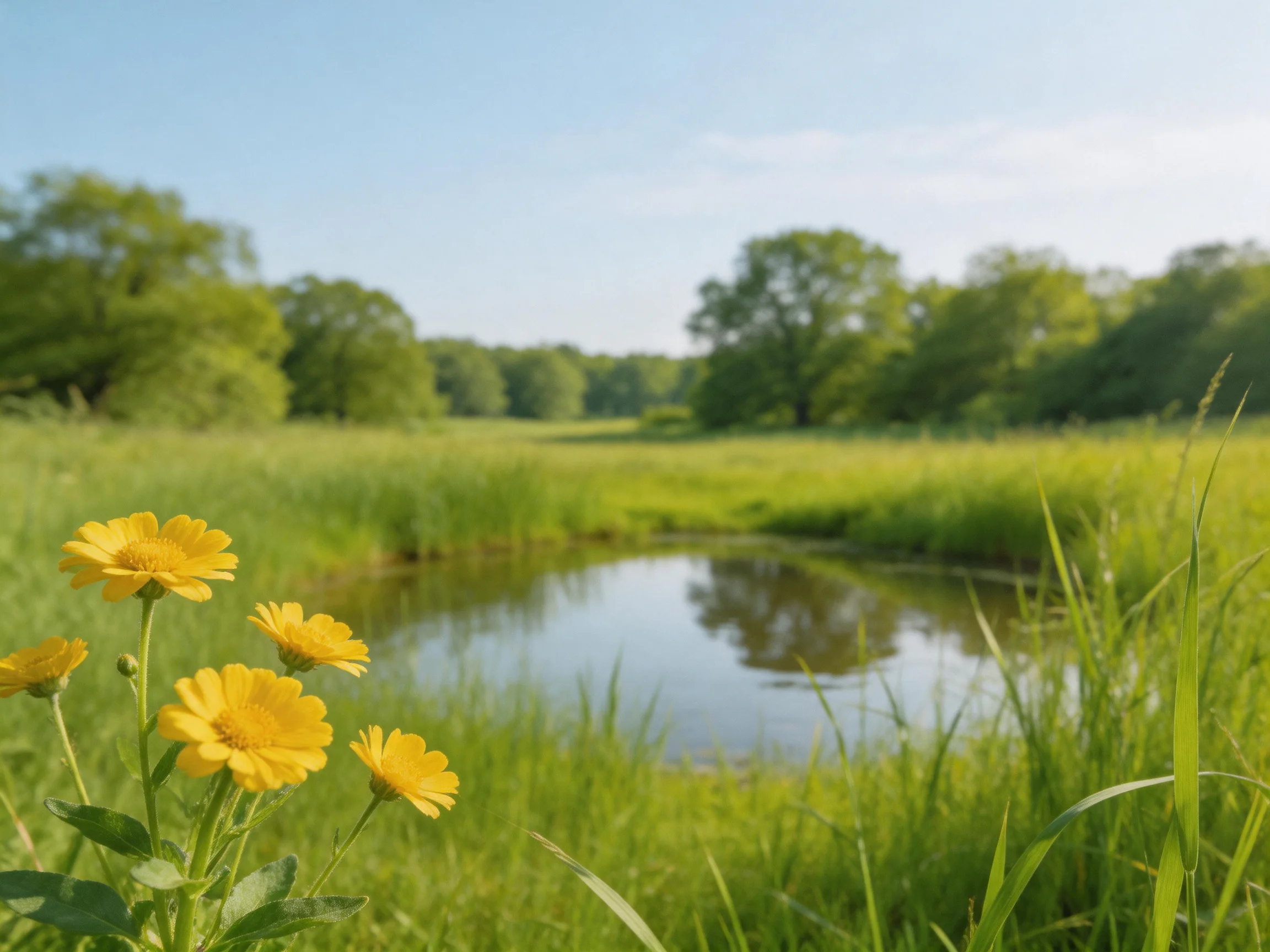 Vibrant yellow flowers by a calm stream in a lush green meadow