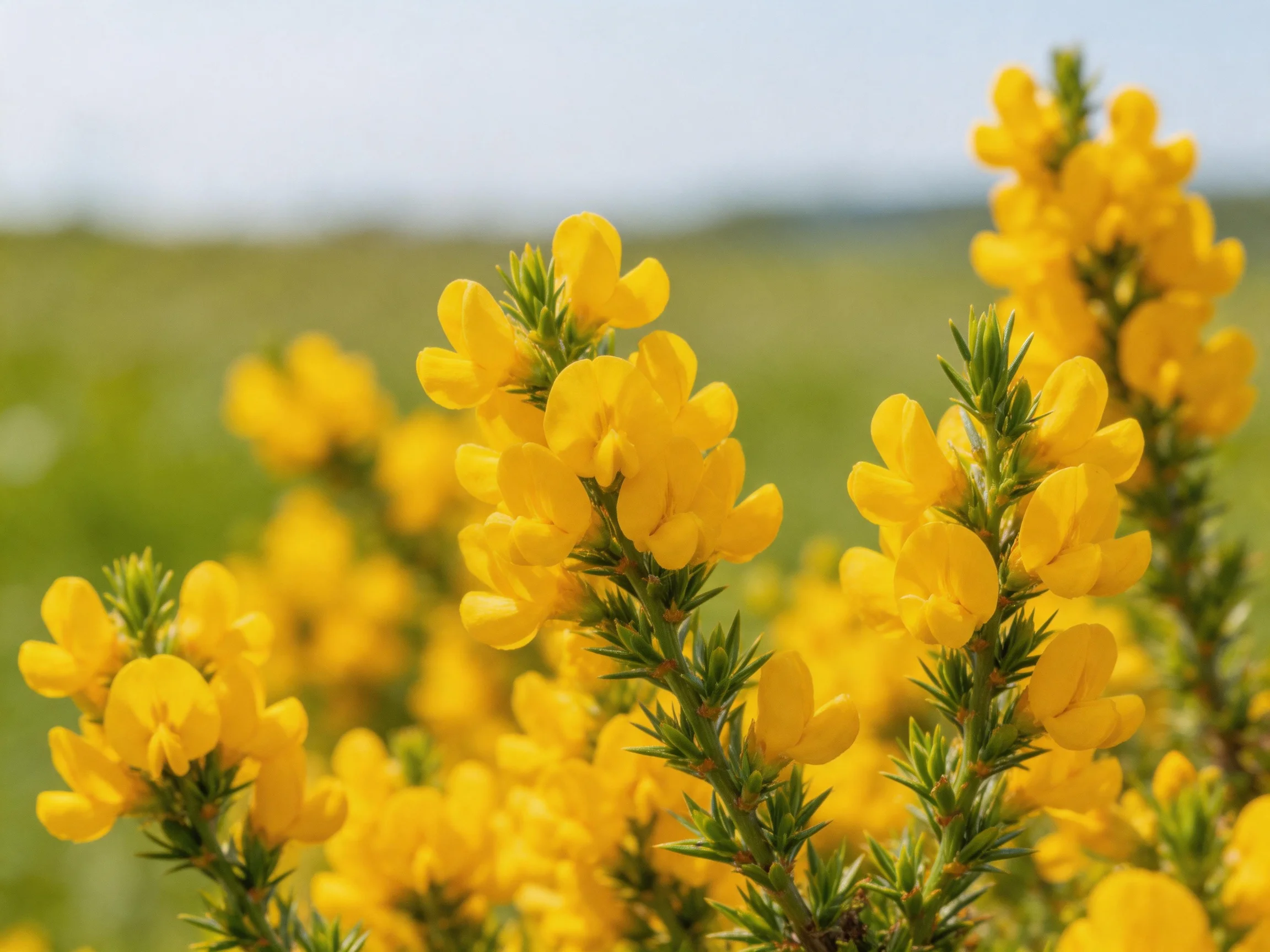 Vibrant yellow flowers cluster amid green spiky stems in a sunny landscape
