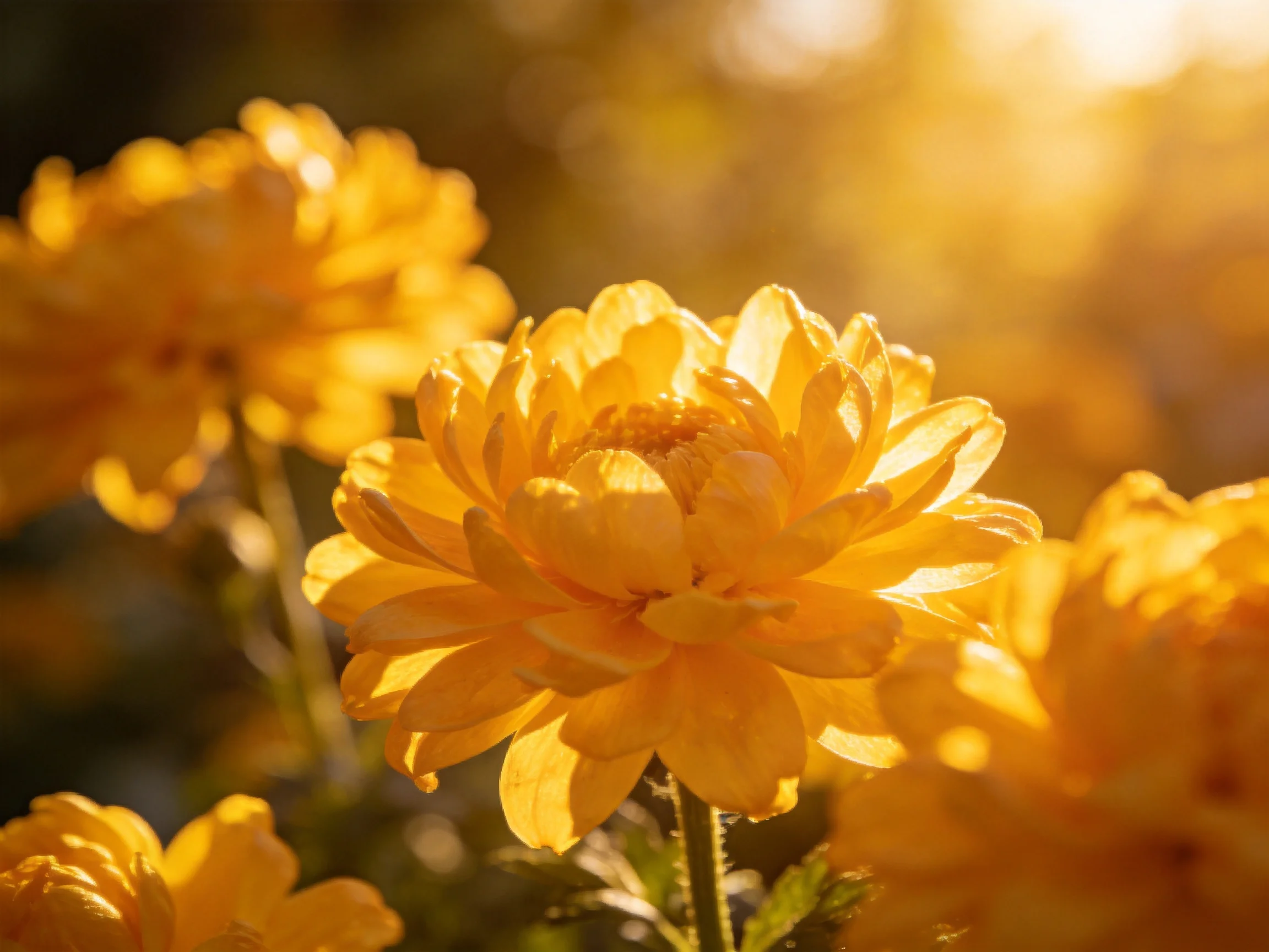 Vibrant yellow flowers illuminated by warm sunlight