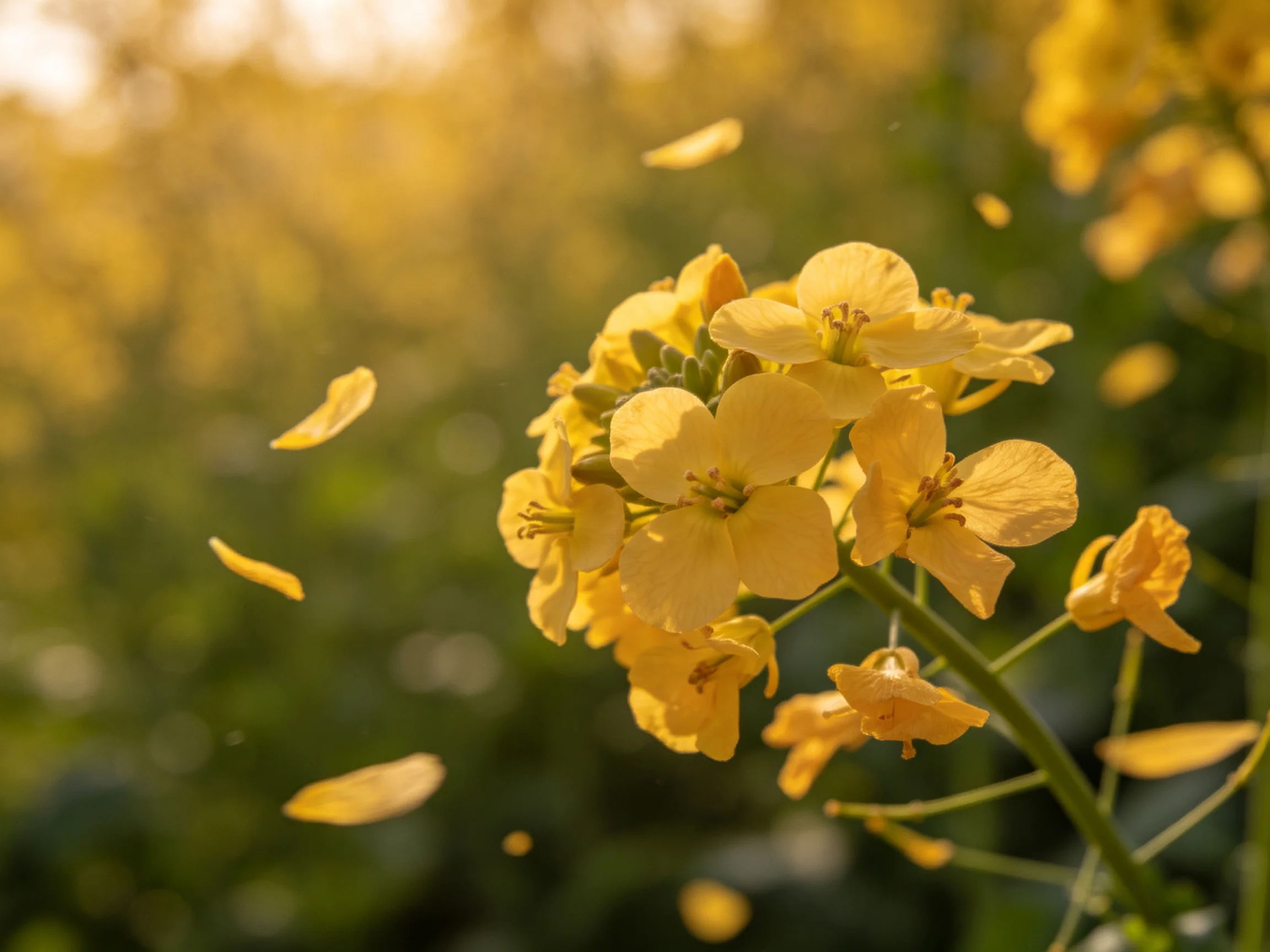 Vibrant yellow flowers with petals drifting in golden light