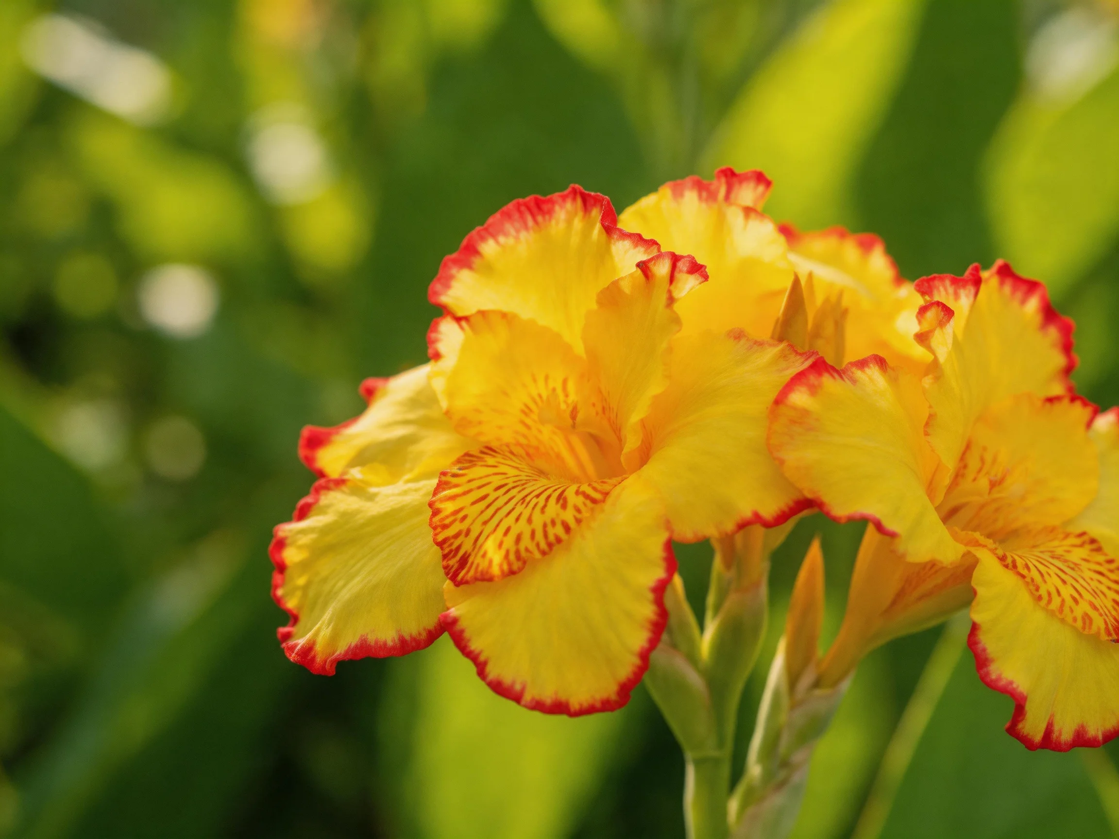 Vibrant yellow flowers with red-edged petals against green foliage
