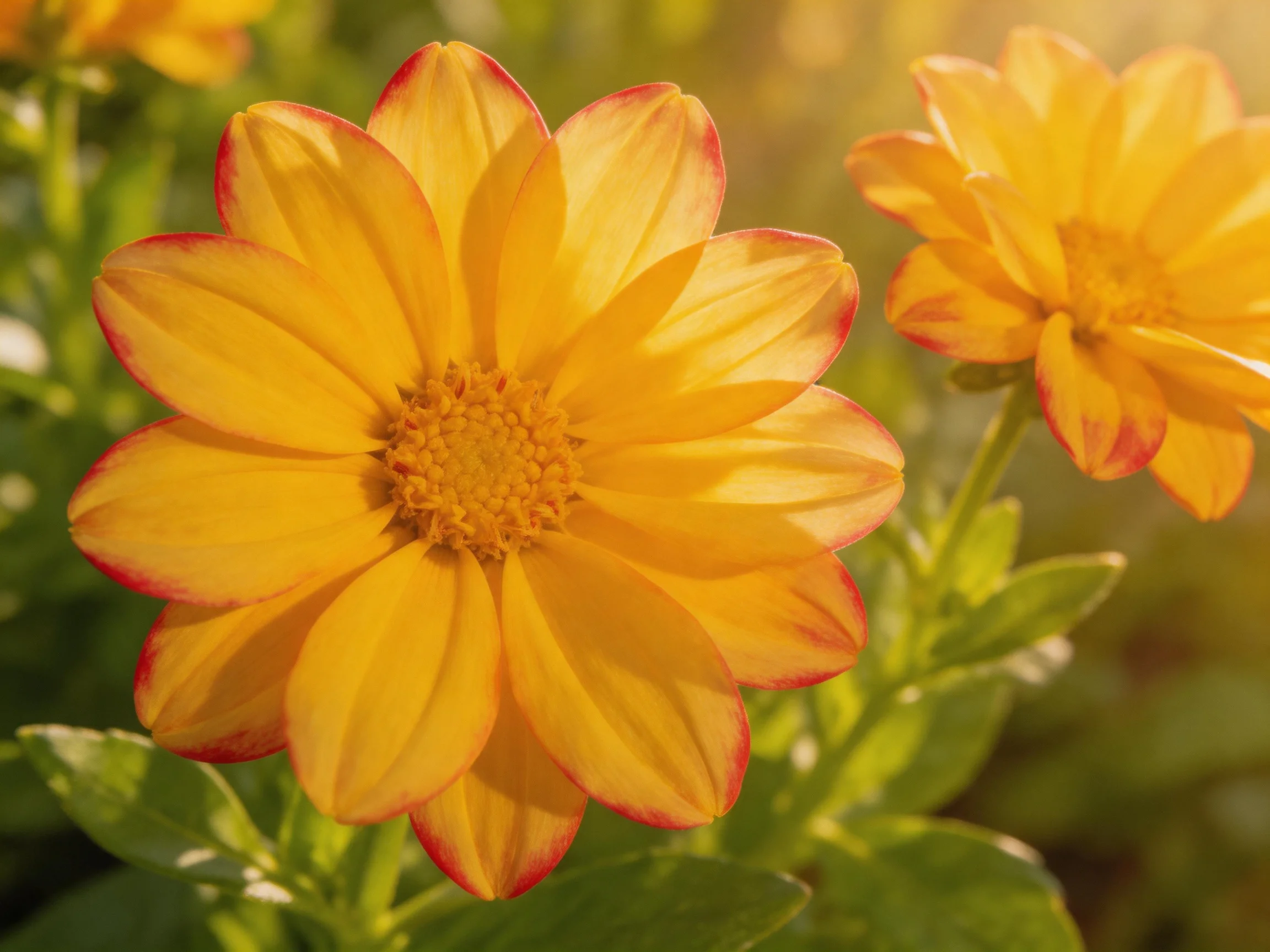 Vibrant yellow flowers with red-edged petals bloom in a sunlit garden