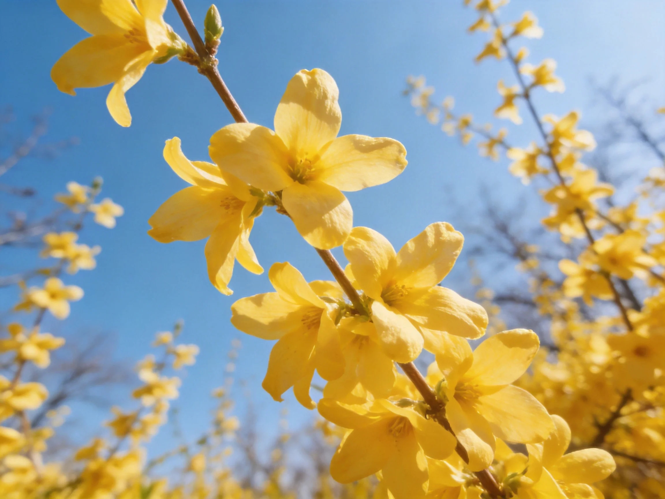 Vibrant yellow forsythia blooms against a clear blue sky