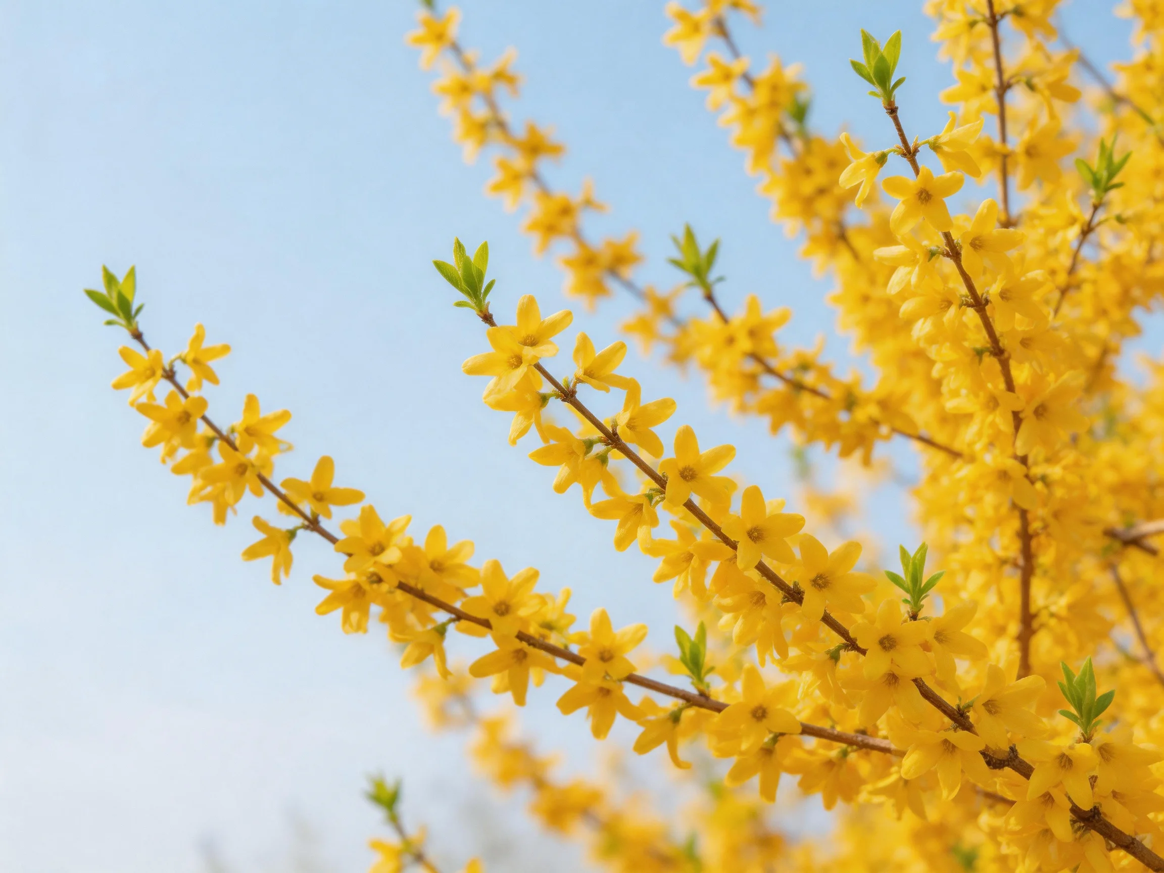 Vibrant yellow forsythia blooms against a clear blue sky