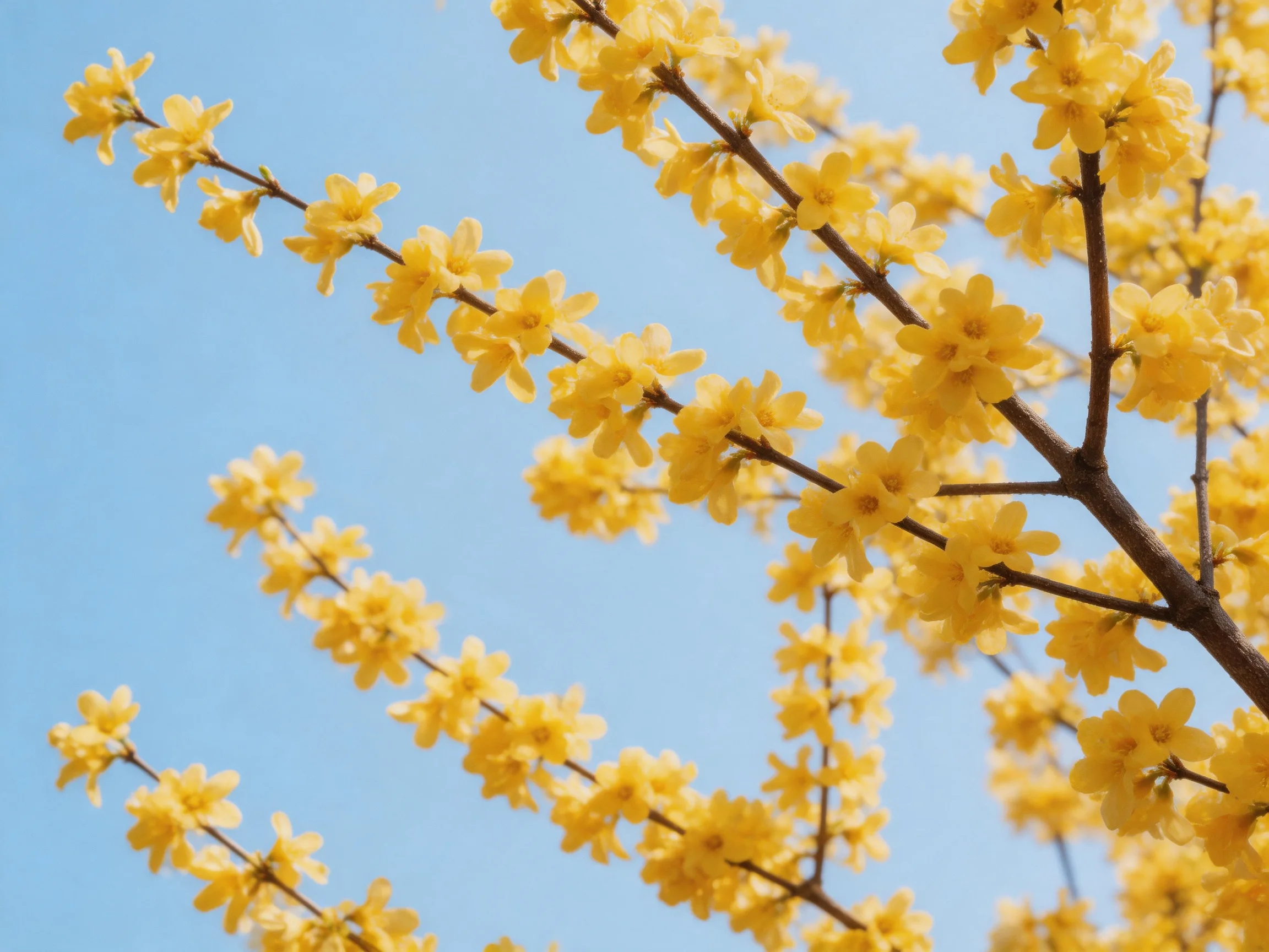 Vibrant yellow forsythia blooms against a clear blue sky
