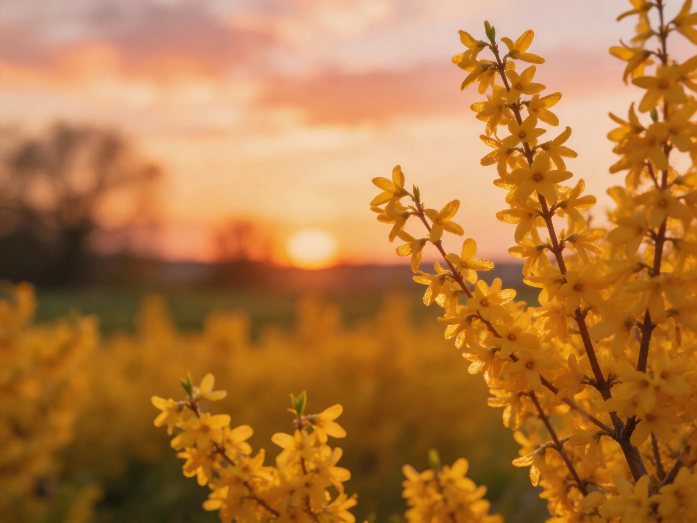 Vibrant yellow forsythia blooms against a glowing sunset landscape