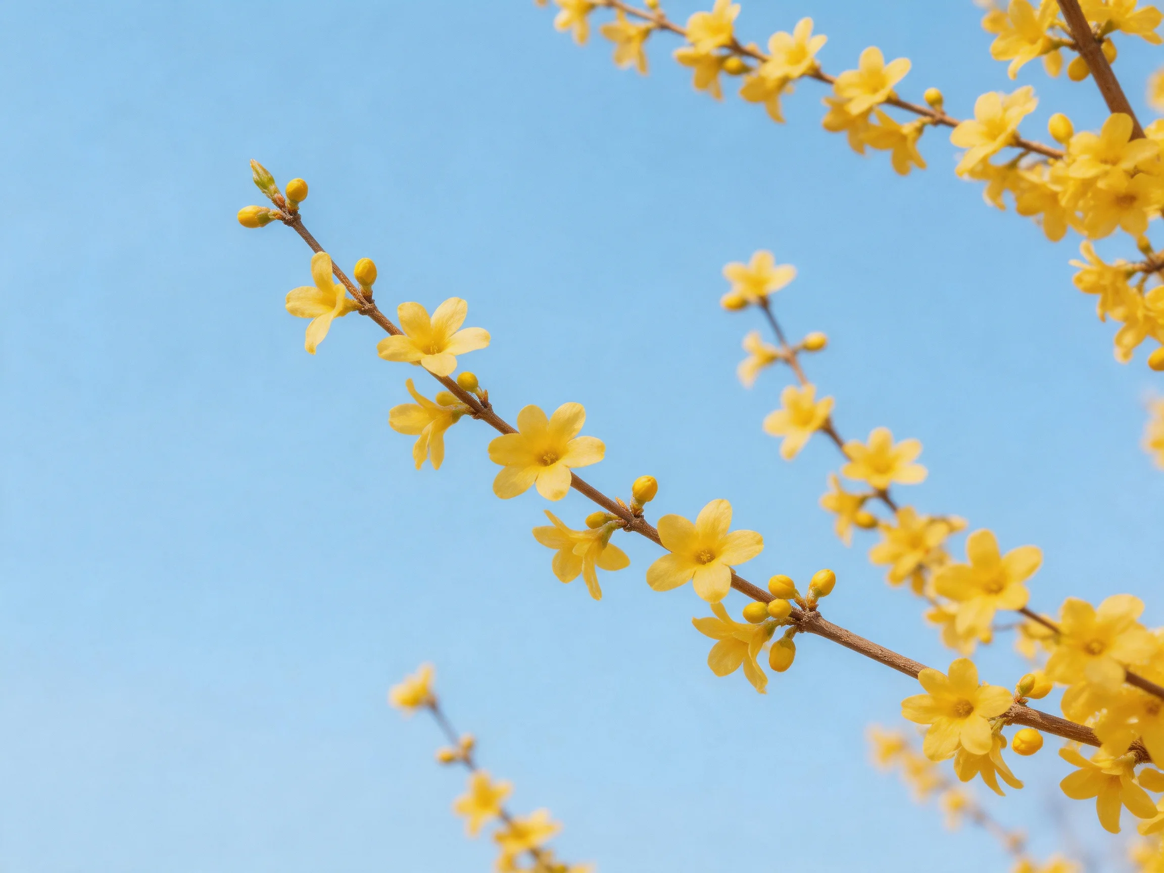 Vibrant yellow forsythia blooms along branches beneath a clear blue sky