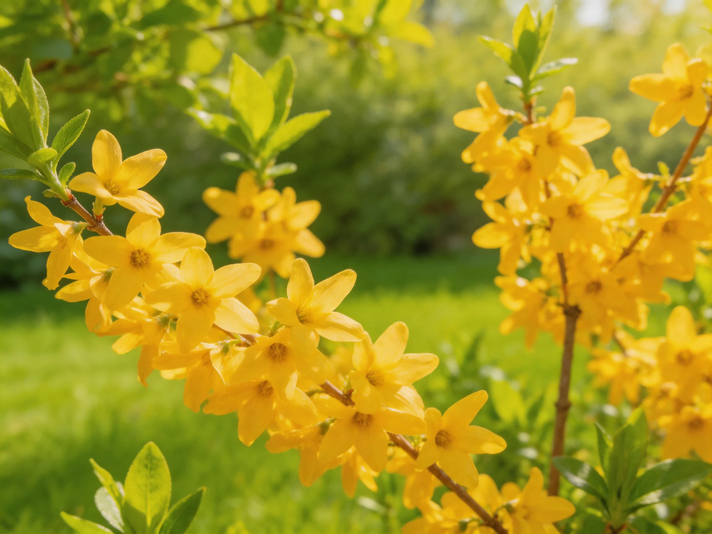 Vibrant yellow forsythia blooms in sunlit green garden